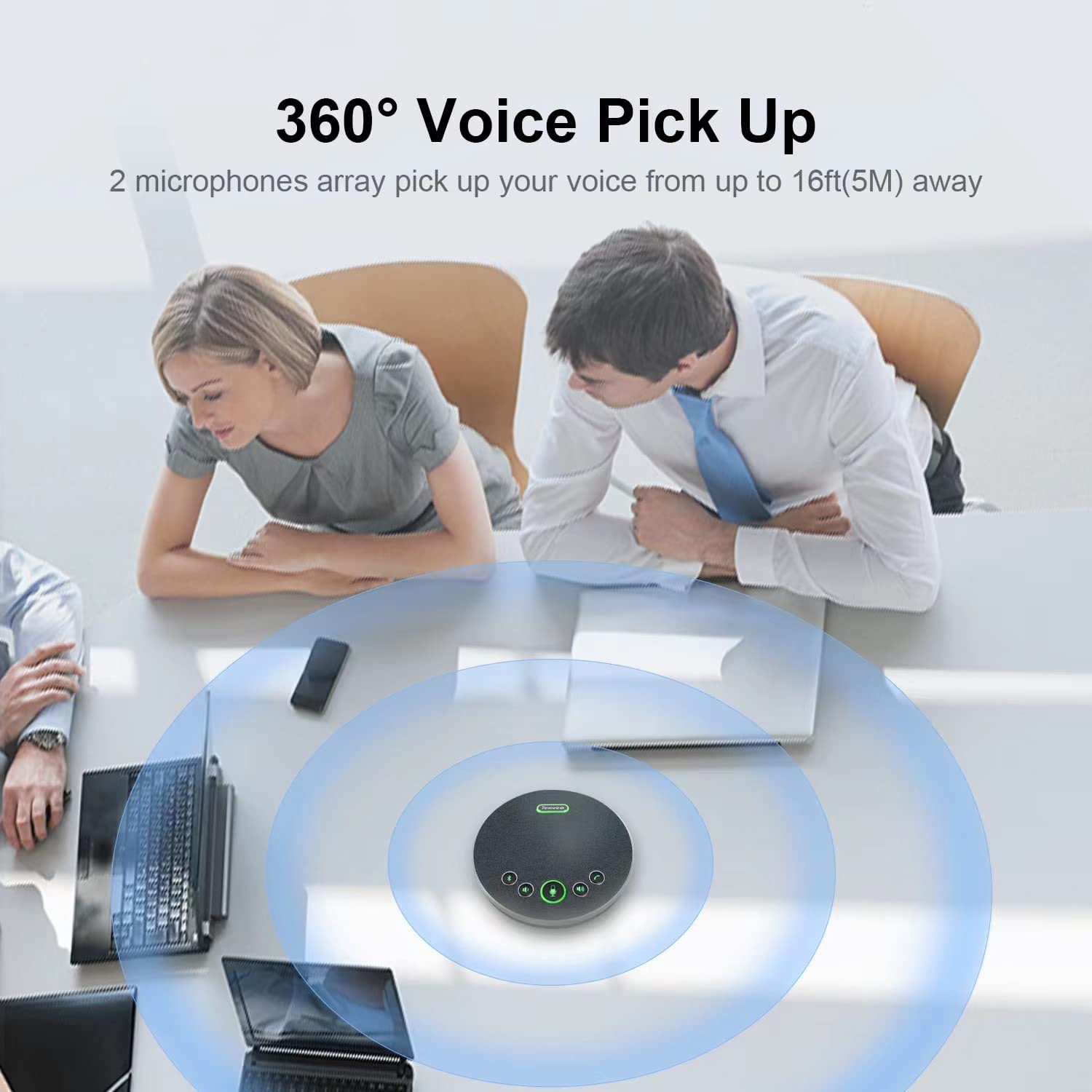 Tenveo Bluetooth/Wireless/USB Conference Speaker with Omnidirectional Microphone - Noise Cancelling Speakerphone for 10-12 People, 360° Voice Pickup for Zoom/Skype/Teams Online Meetings - Perfect for Home Office, Webinars & Conference Calls
