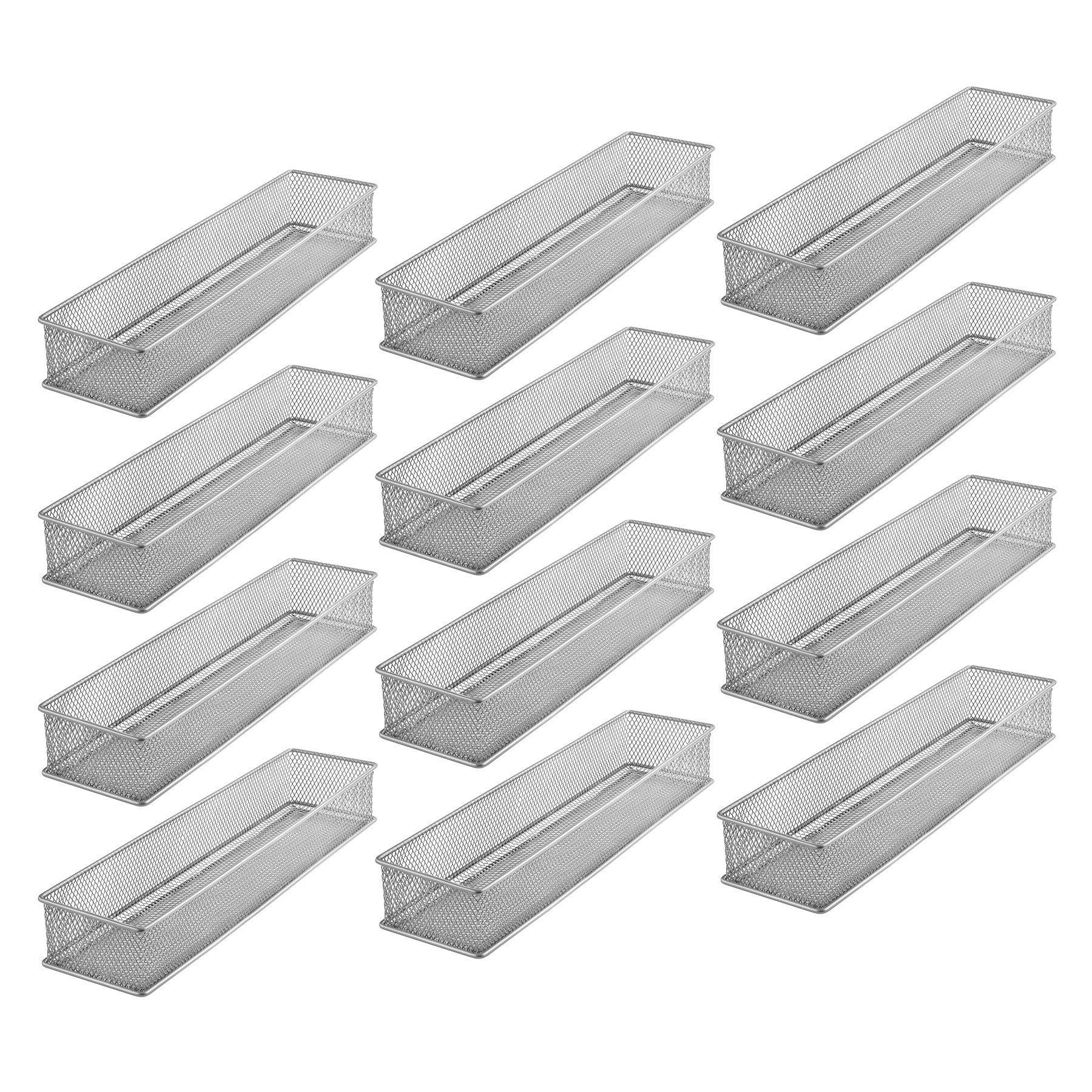 YBM HOME Silver Mesh Drawer Organizer Bins - 12 Pack, 3x15x2 Inch - Perfect for School Supplies, Office Desk & Cabinet Storage - Ideal for Classroom, Home Office & Dorm Room Organization