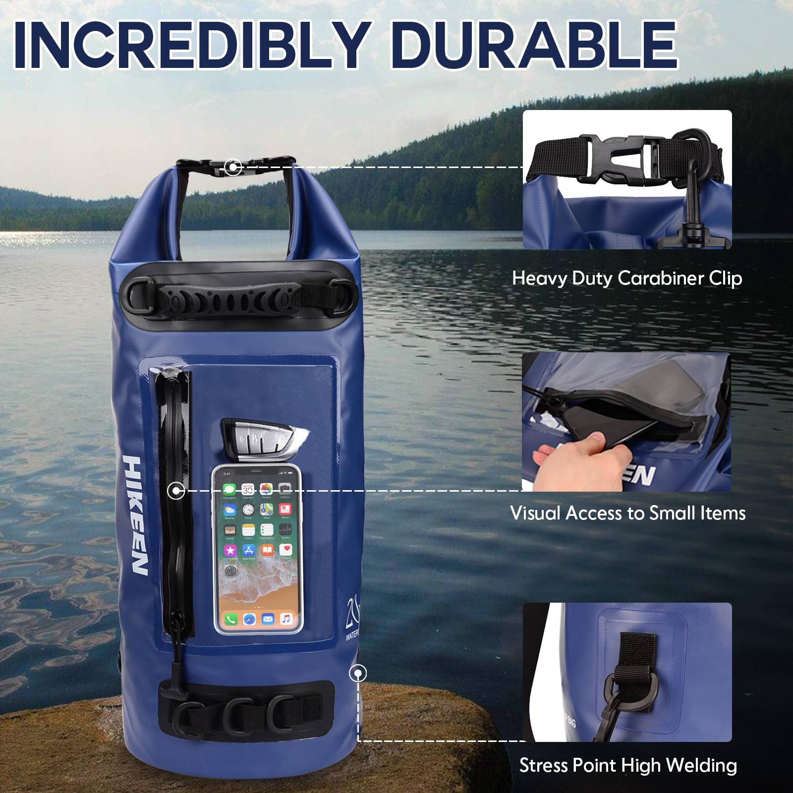 Hikeen IPX7 Waterproof Dry Bag 20L - Lightweight Roll Top Dry Backpack with Waterproof Zipper & Touch Screen Phone Case - Perfect for Kayaking, Boating, Camping, Beach & Rafting - Includes 3 D-Rings for Secure Gear Storage