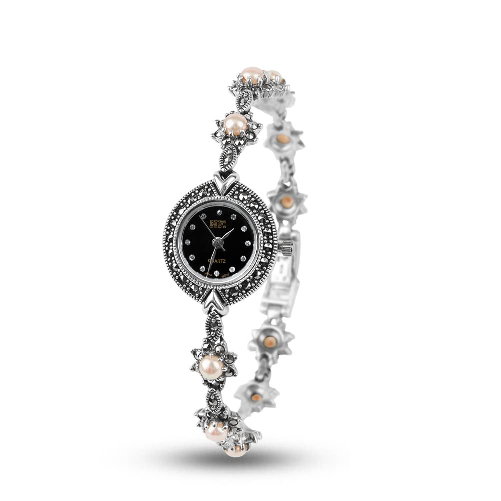 JadeAngel Women's Vintage 925 Sterling Silver Marcasite Watch with Pave Shell Pearl | Elegant Quartz Wristwatch for Formal Events & Evening Occasions