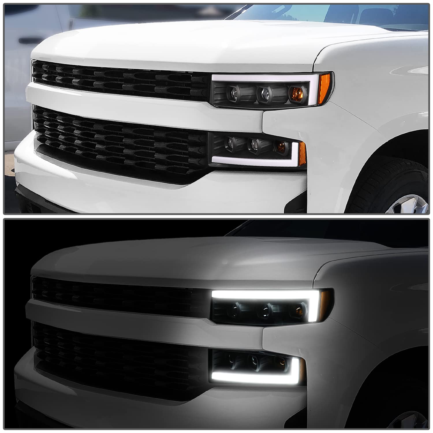 DNA MOTORING LED Light Bar Headlights for 19-22 Silverado 1500 - Black/Amber for Off-Road & Night Driving