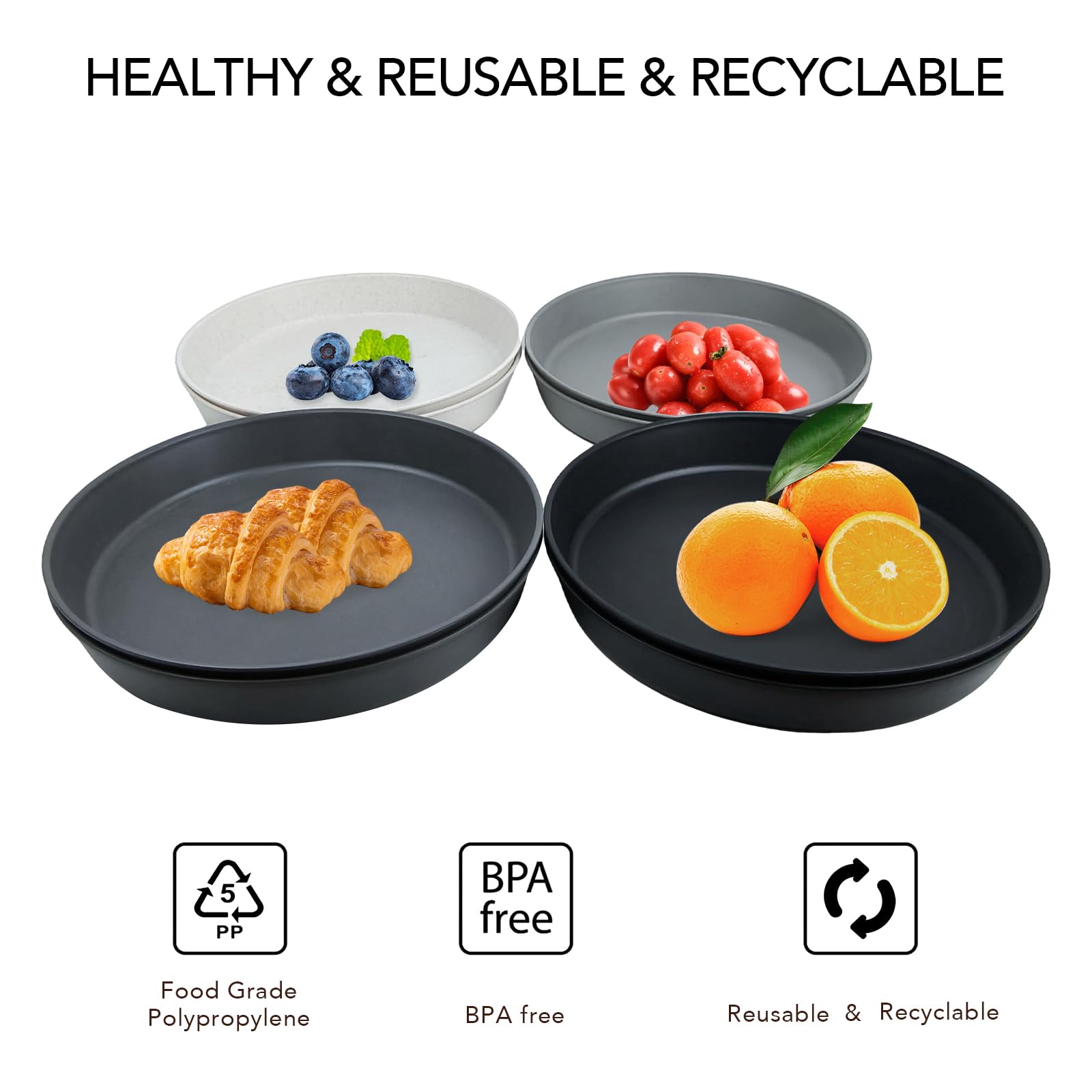 Eco-Friendly 9.3 Inch Wheat Straw Dinner Plates Set of 8 - BPA Free, Dishwasher & Microwave Safe, Unbreakable & Lightweight - Perfect Alternative to Plastic Plates for Kids & Adults (Grey & Black) - Ideal for Family Dinners, Picnics, Camping & Outdoor Parties