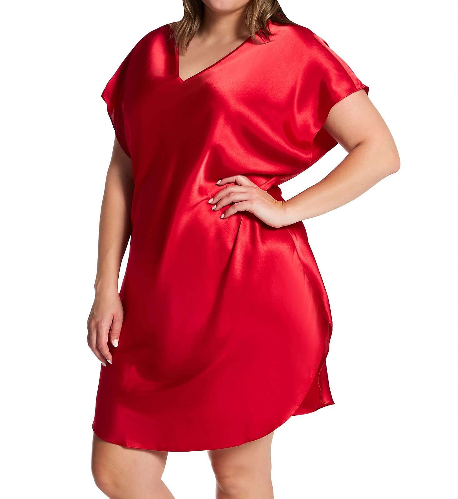 Plus Size Women's -40X Bias Cut Satin T-Shirt Gown in Red | Elegant Loungewear & Sleepwear for Curvy Women | Perfect for Home Relaxation, Date Nights and Special Occasions