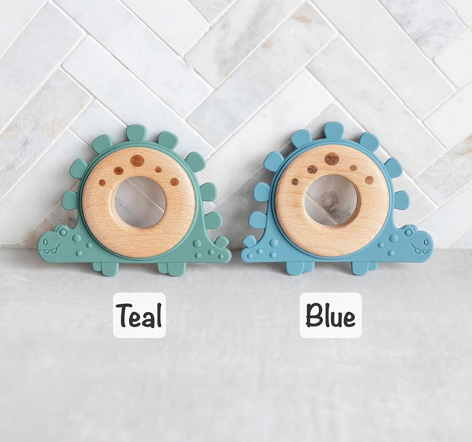 Personalized Baby Boy Gifts - Custom Wood & Silicone Teething Ring with Laser Engraved Name - Natural Dinosaur Teether for Newborns - Unique Baby Shower Gift with Gift Bag (Blue) | Perfect for New Parents, Baby Showers & First Birthday Presents
