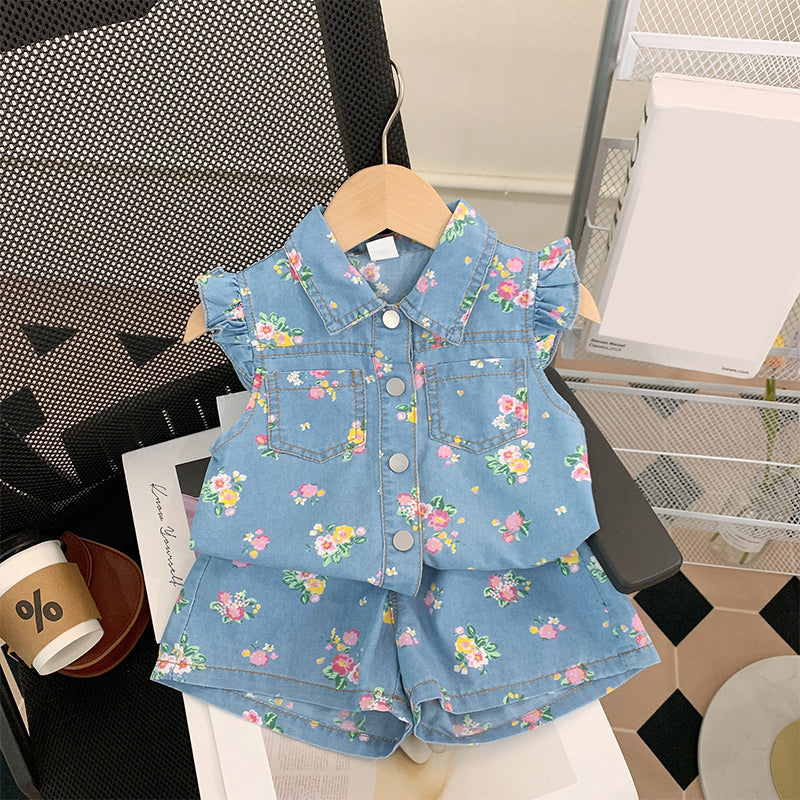 Royal Blue Floral Denim Suit for Girls - Elegant & Stylish Outfit for School, Parties & Special Occasions