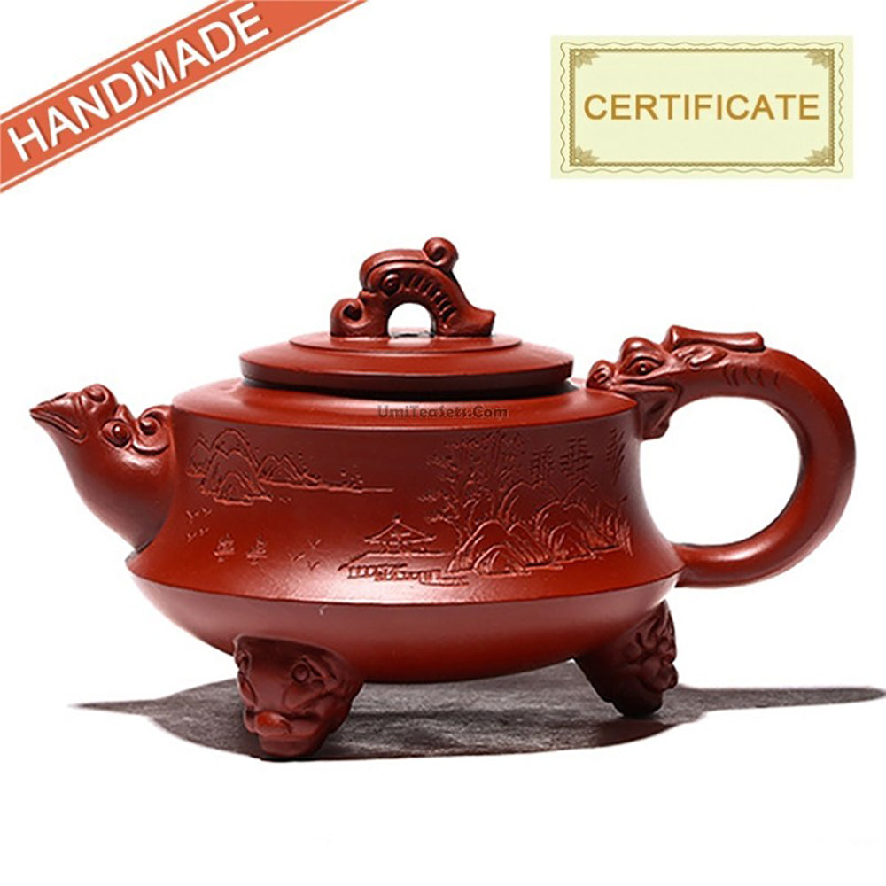 Premium Yixing Red Clay Three-Legged Dragon Teapot - Handcrafted Chinese Zisha Ceremonial Teapot for Oolong & Pu-erh Tea Brewing | Perfect for Tea Ceremonies, Gifts & Home Decor