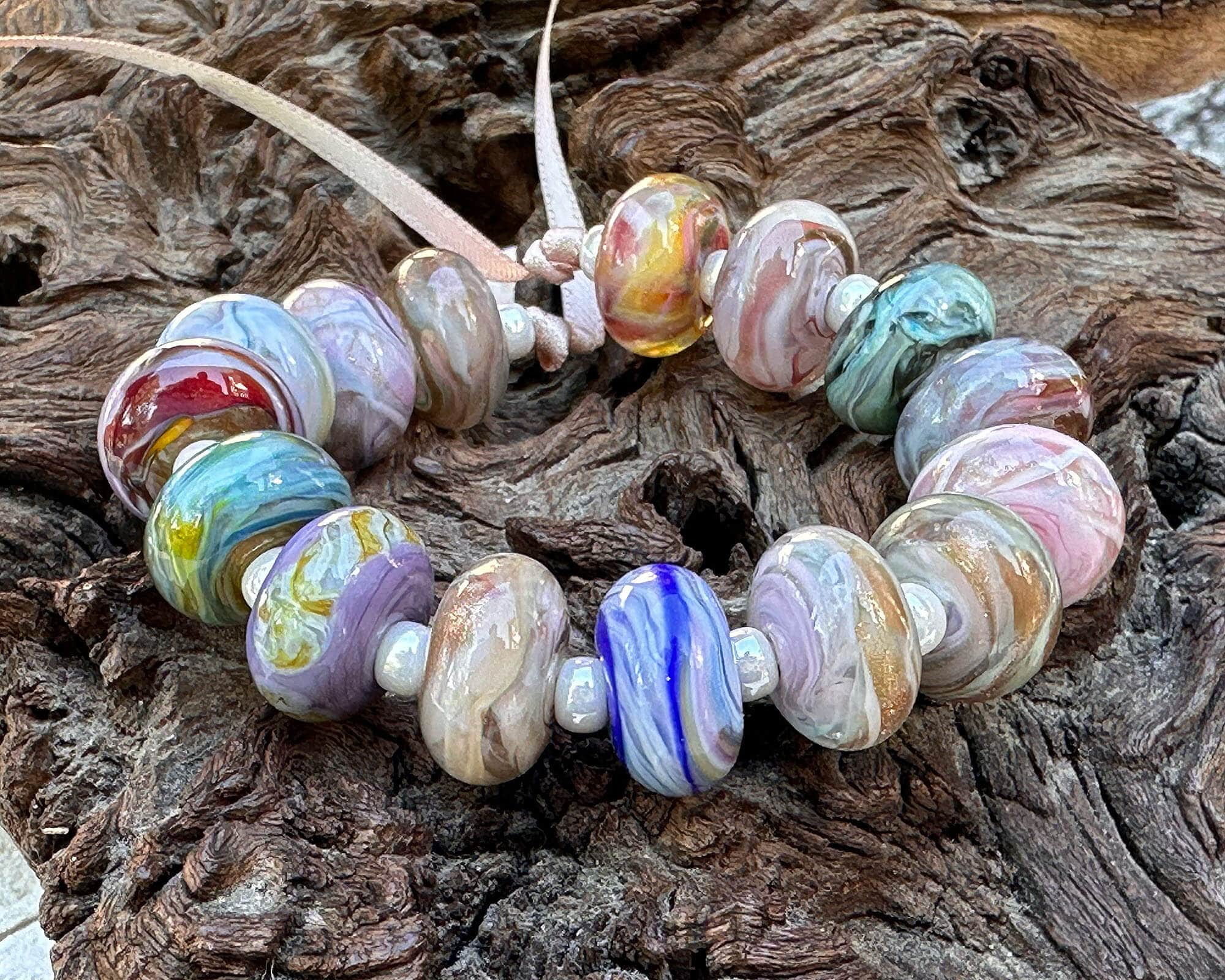 15-Piece Pastel Swirl Lampwork Glass Beads Set for Jewelry Making - DIY Bracelet, Necklace & Craft Projects - SRA Certified Artisan Beads