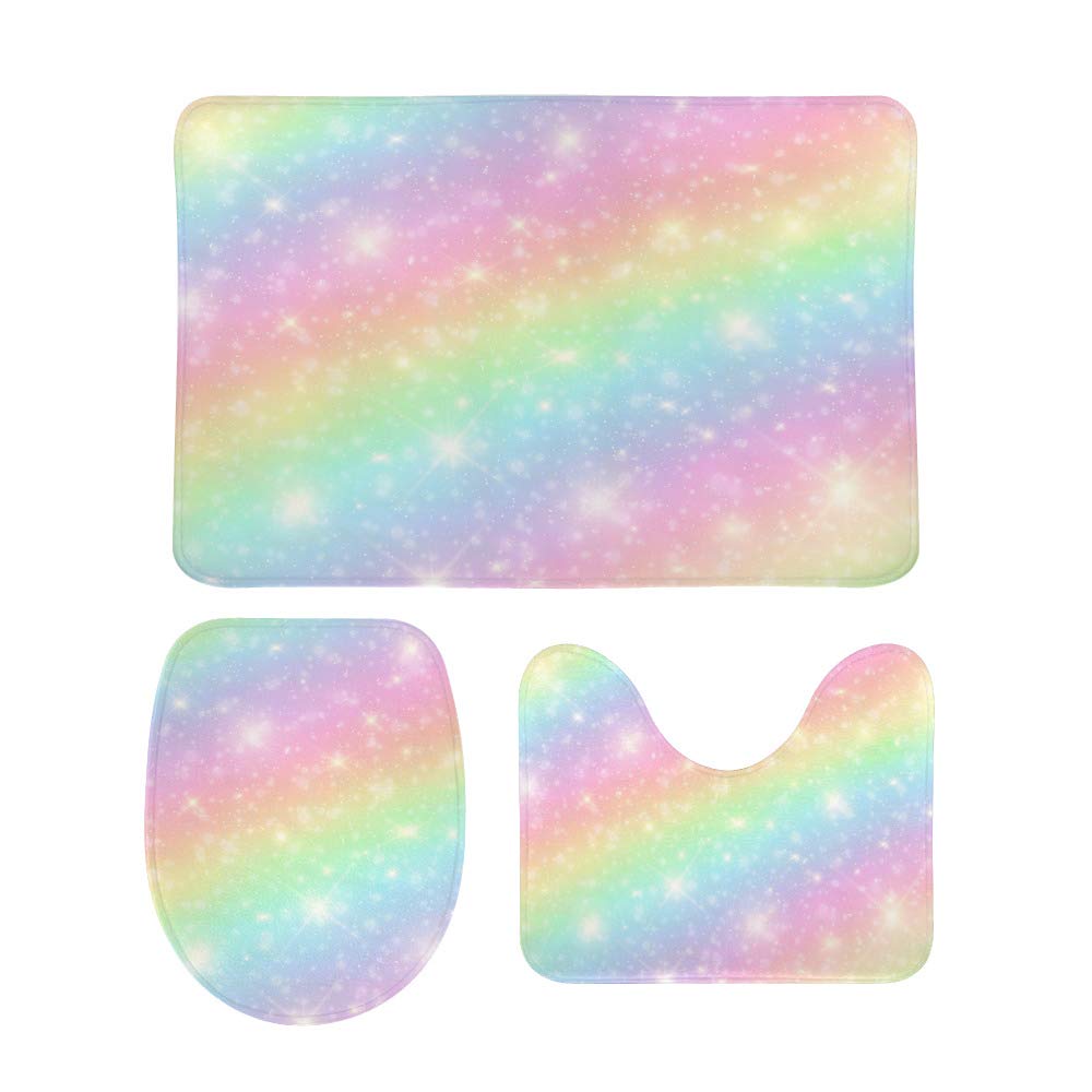 3-Piece Non-Slip Bathroom Rug Set - Ultra Soft Coral Fleece, Super Absorbent & Durable - Bath Mat for Shower, Tub, Bedroom & Entryway - Galaxy Fantasy Rainbow Design (Perfect for Bathroom Safety & Home Decor)