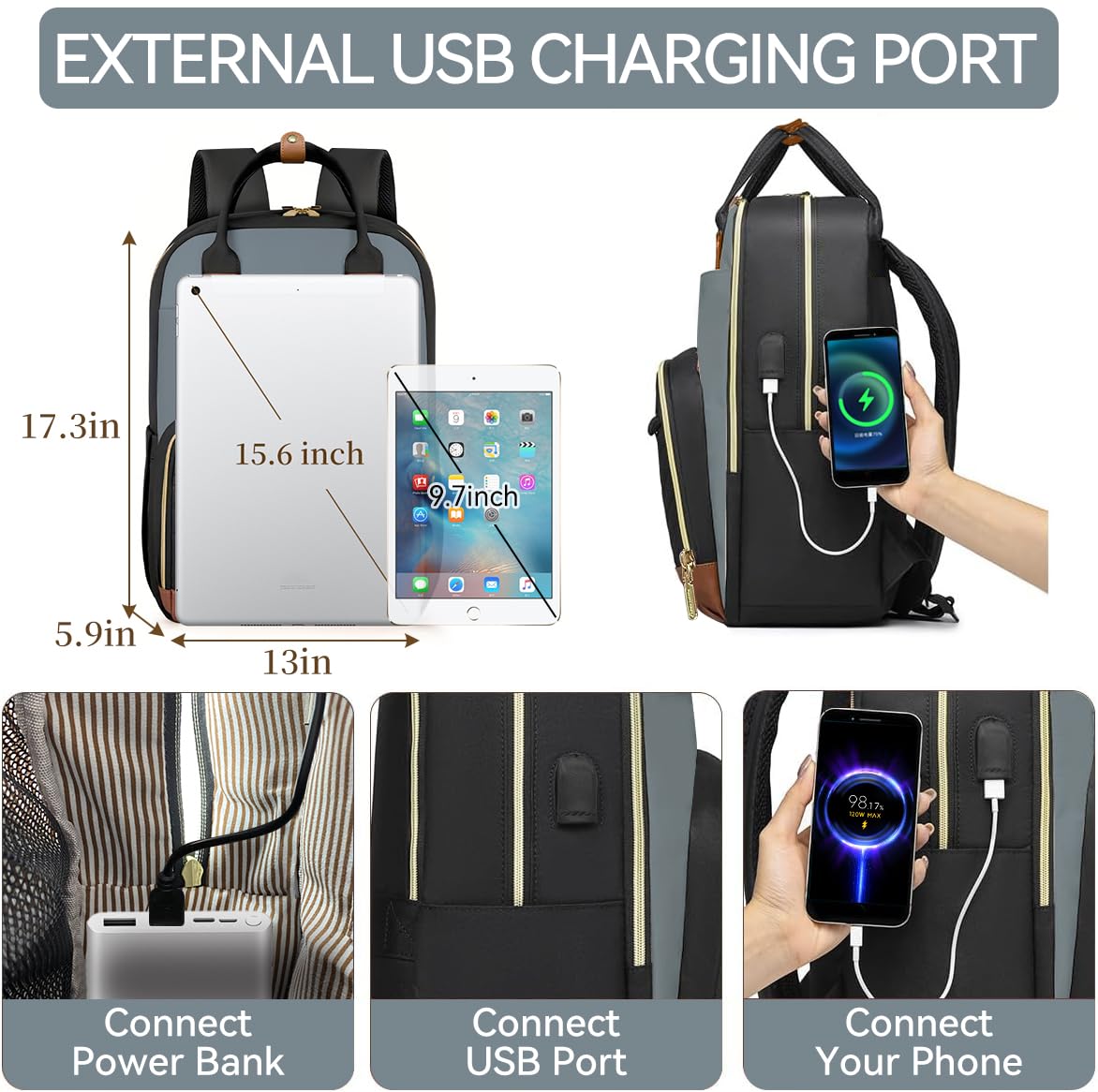 Women's Travel Backpack with USB Charger & Toiletry Bag - 15.6 Inch Laptop Backpack for College, Flight Approved Carry-On Backpack (Black-Grey) - Perfect for Business Trips, Commuting & Weekend Getaways