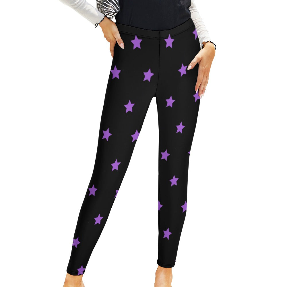 Purple Star Print High Waist Yoga Leggings for Women - Comfortable & Stretchy Workout Pants for Running, Gym, and Lounge