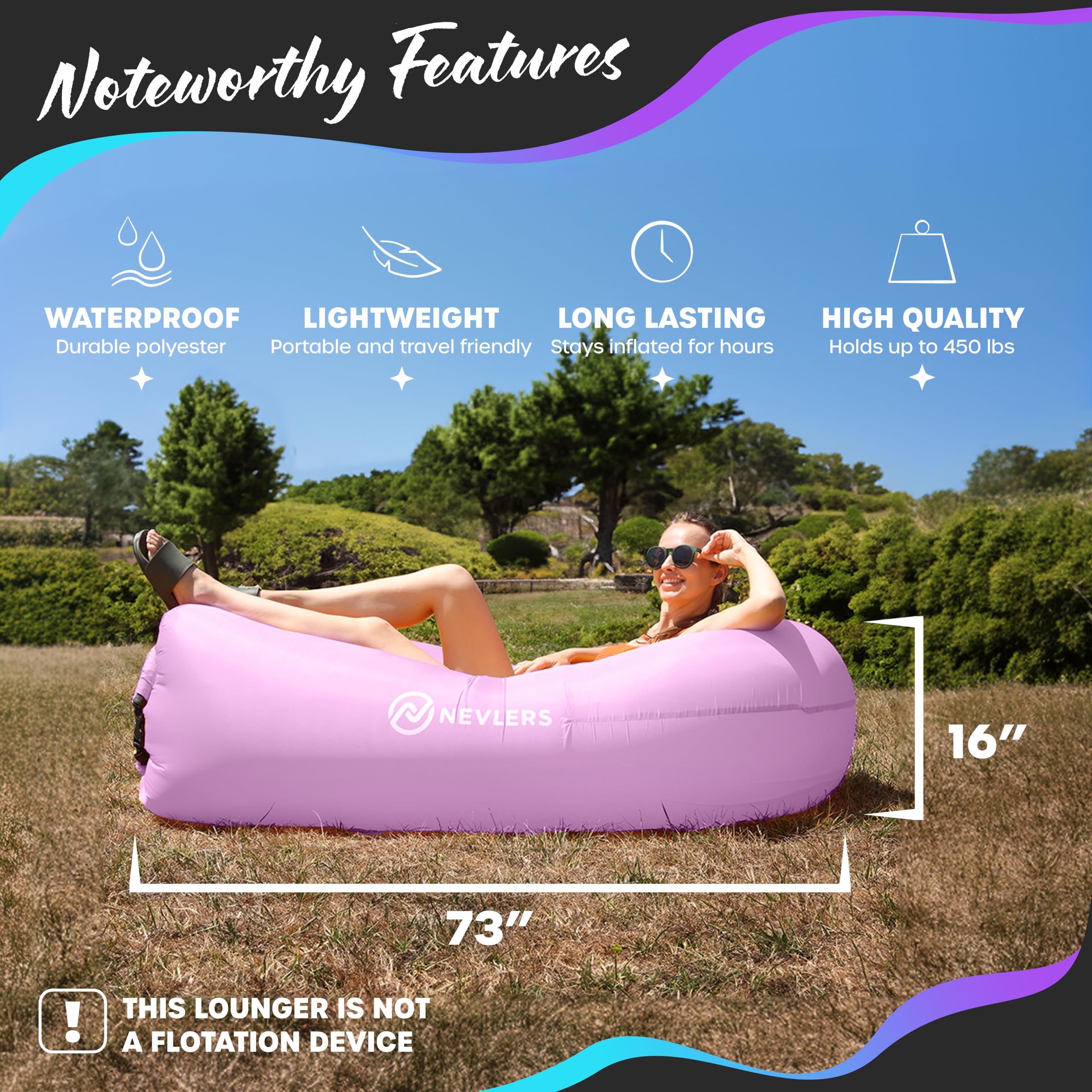 Nevlers Inflatable Lounger - 210T Polyester Portable Air Sofa Bed with 450 lbs Capacity | No Pump Blow Up Couch for Camping, Beach, Pool & Indoor Use | Includes Storage Pockets & Carry Bag | Perfect for Adults & Kids Outdoor Relaxation