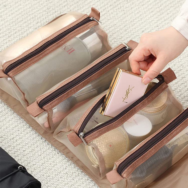 Bluwings 4-in-1 Hanging Roll-Up Foldable Detachable Cosmetic & Stationary Organizer Bag - Makeup Pouch Travel Vanity Toiletry Bag for Women & Girls (Brown) | Perfect for Travel, Home, Dorm & Office Organization