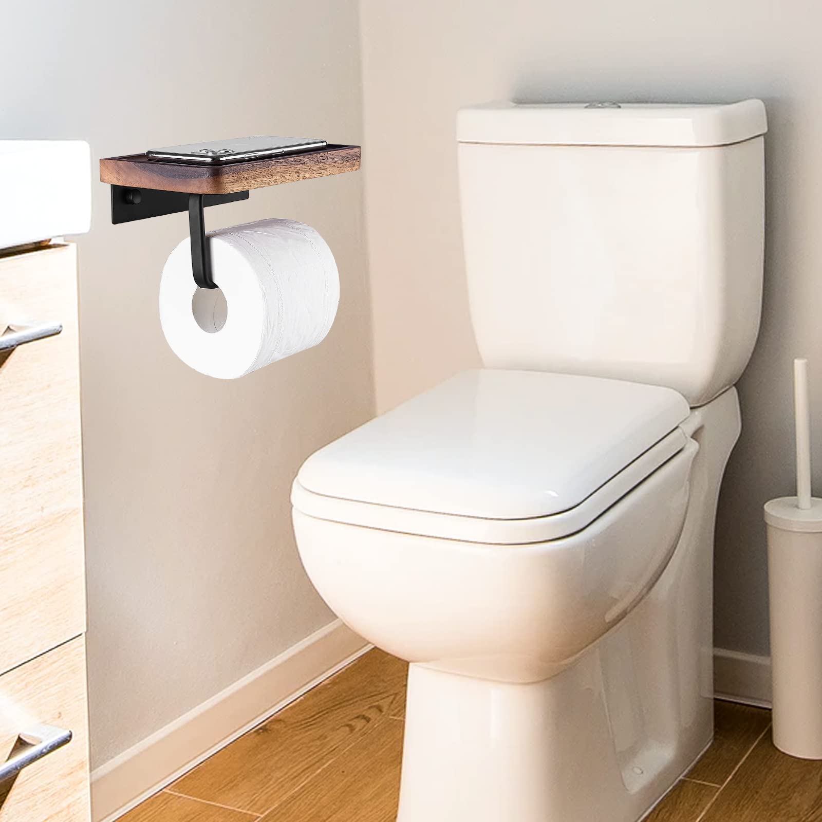 Wooden Toilet Paper Holder with Shelf - Wall Mounted Bathroom Tissue Roll Organizer with Phone Stand for Kitchen, Washroom & Home Decor | Space-Saving Storage Solution