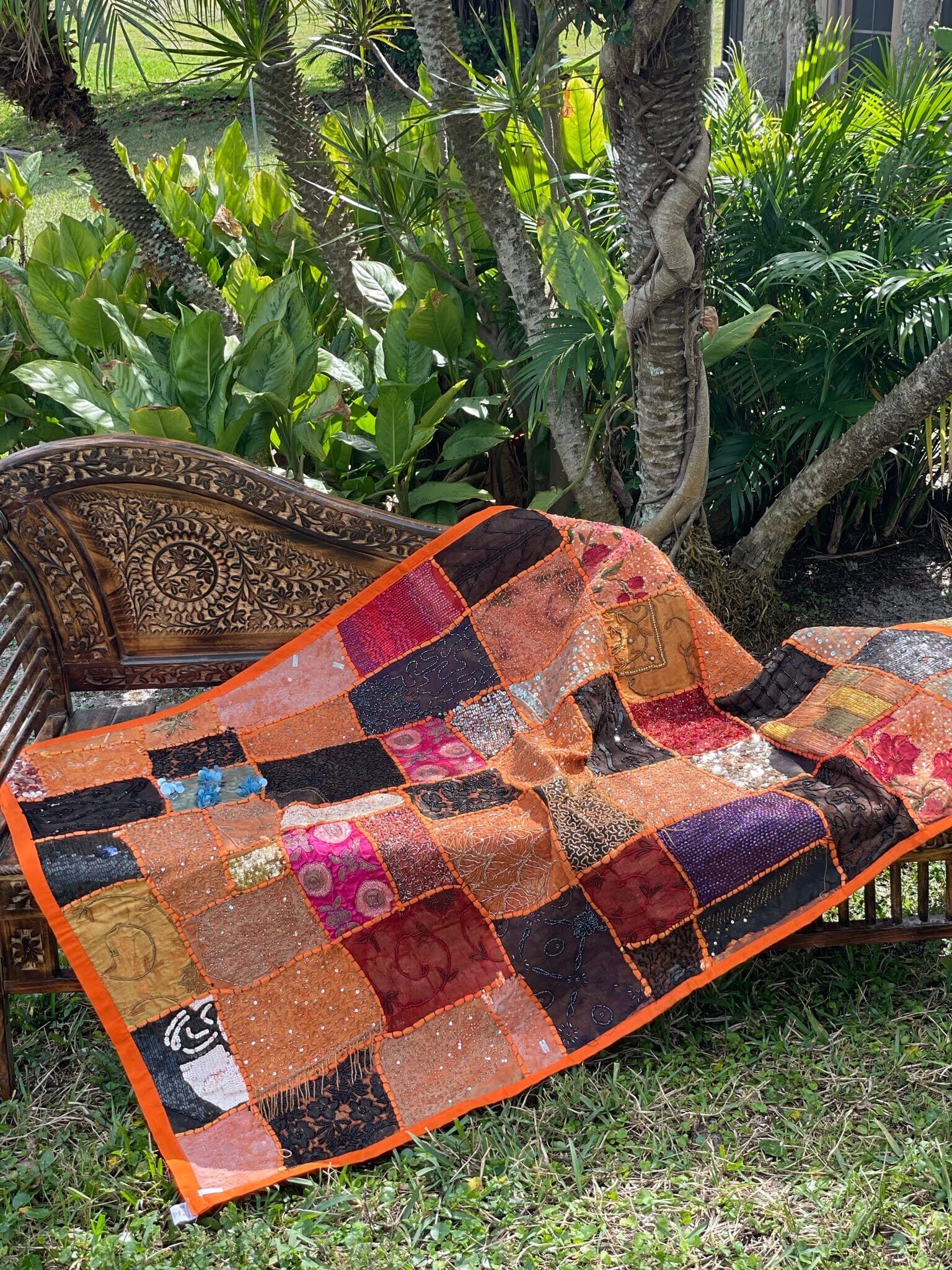 Indian Orange Wall Hanging Tapestry with Embroidery & Sequins - Bohemian Sari Patchwork Decor for Bedroom, Living Room, Dorm