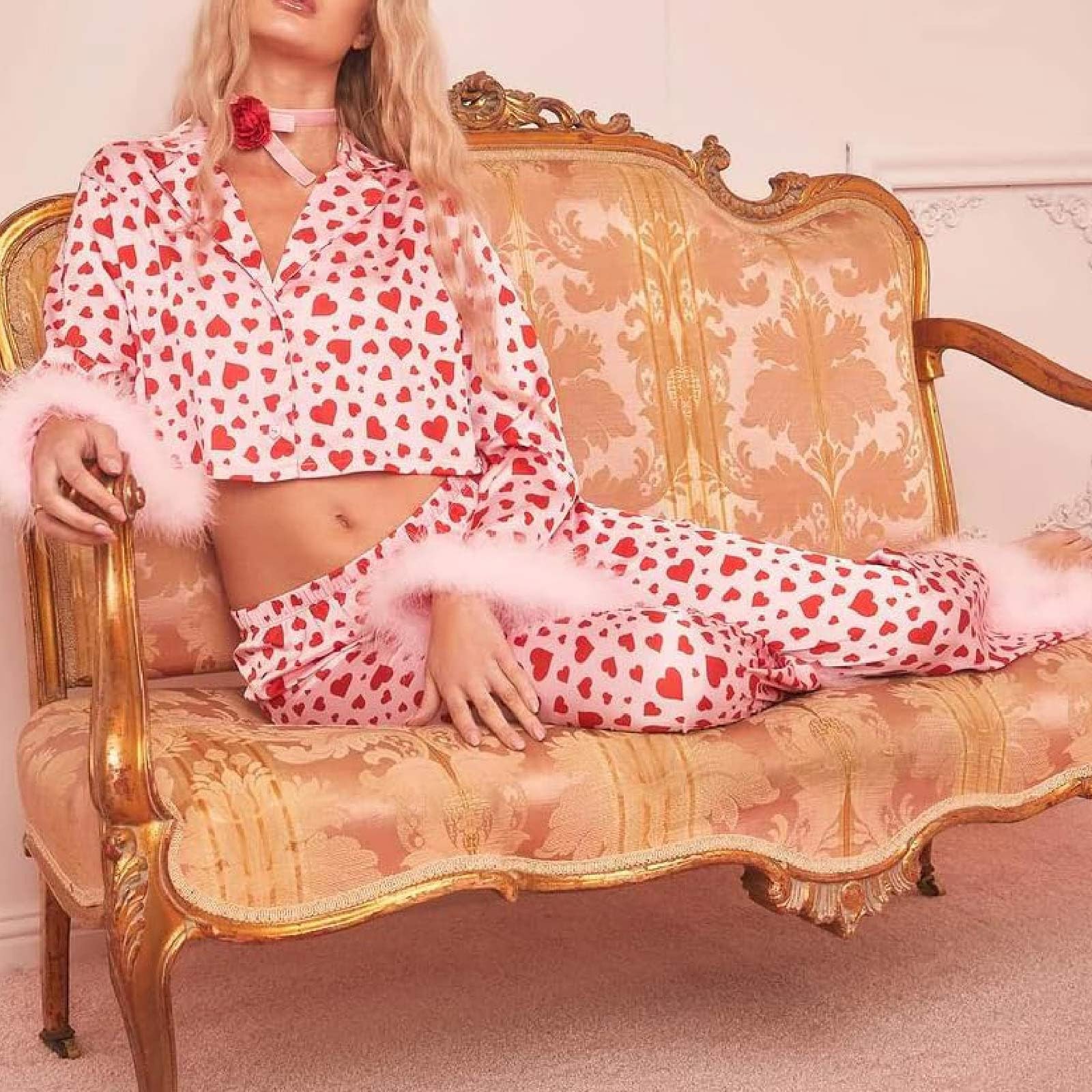 Cozy Women's 2-Piece Fuzzy Trim Pajama Set - Button-Up Long Sleeve Top & Soft Lounge Pants (S-5XL, Brown) | Perfect for Winter Nights, Relaxing at Home & Gift Giving