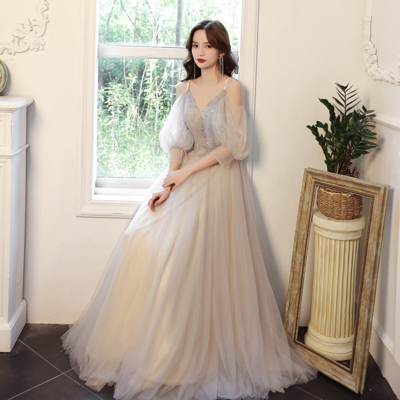 Elegant Gray Tulle Prom Dress with Long Sleeves - Formal Evening Gown for Homecoming, Quinceañera & Special Occasions
