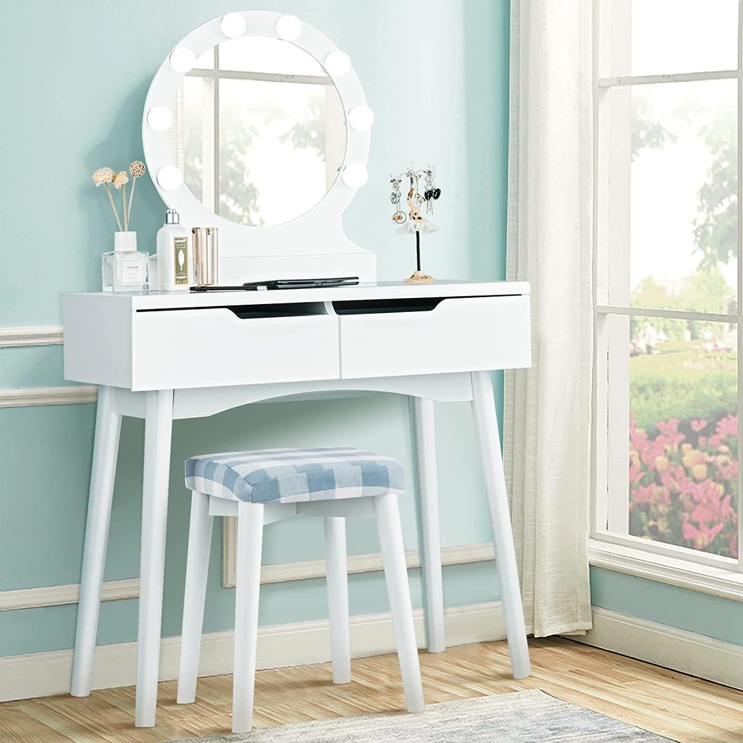 Byroce Vanity Table Set with Round LED Lighted Mirror, Makeup Dressing Table with 8 Adjustable Bulbs & Touch Switch, White Bedroom Makeup Desk for Girls, Includes Cushioned Stool & 2 Spacious Drawers - Perfect for Home Beauty Salon & Bedroom Decor
