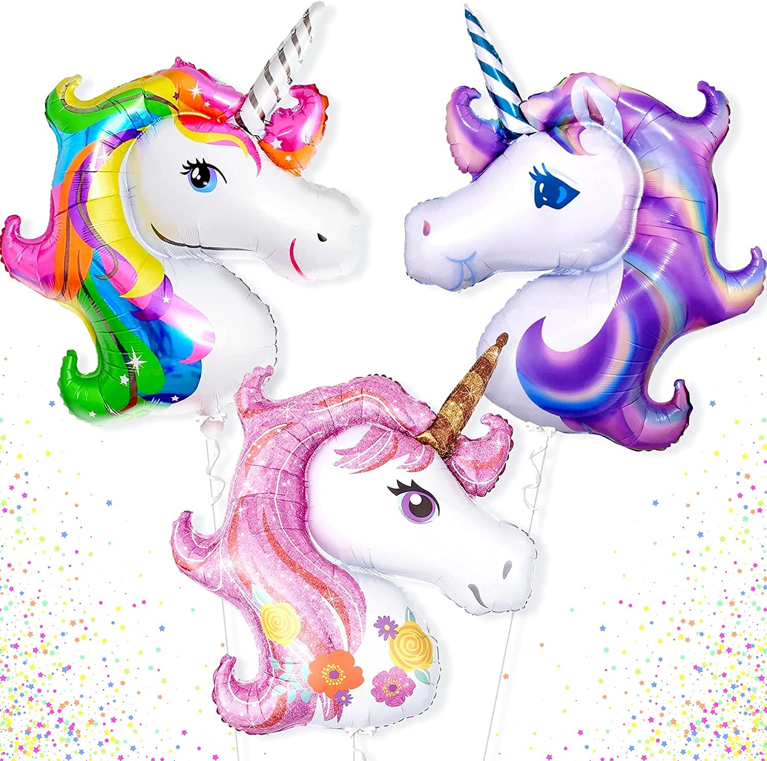 43 Inch Giant 3D Unicorn Foil Balloons (3-Pack) - Purple Rainbow Mylar Balloons for Girls Birthday Party Decorations | Perfect for Unicorn Themed Parties, Baby Showers & Room Decor