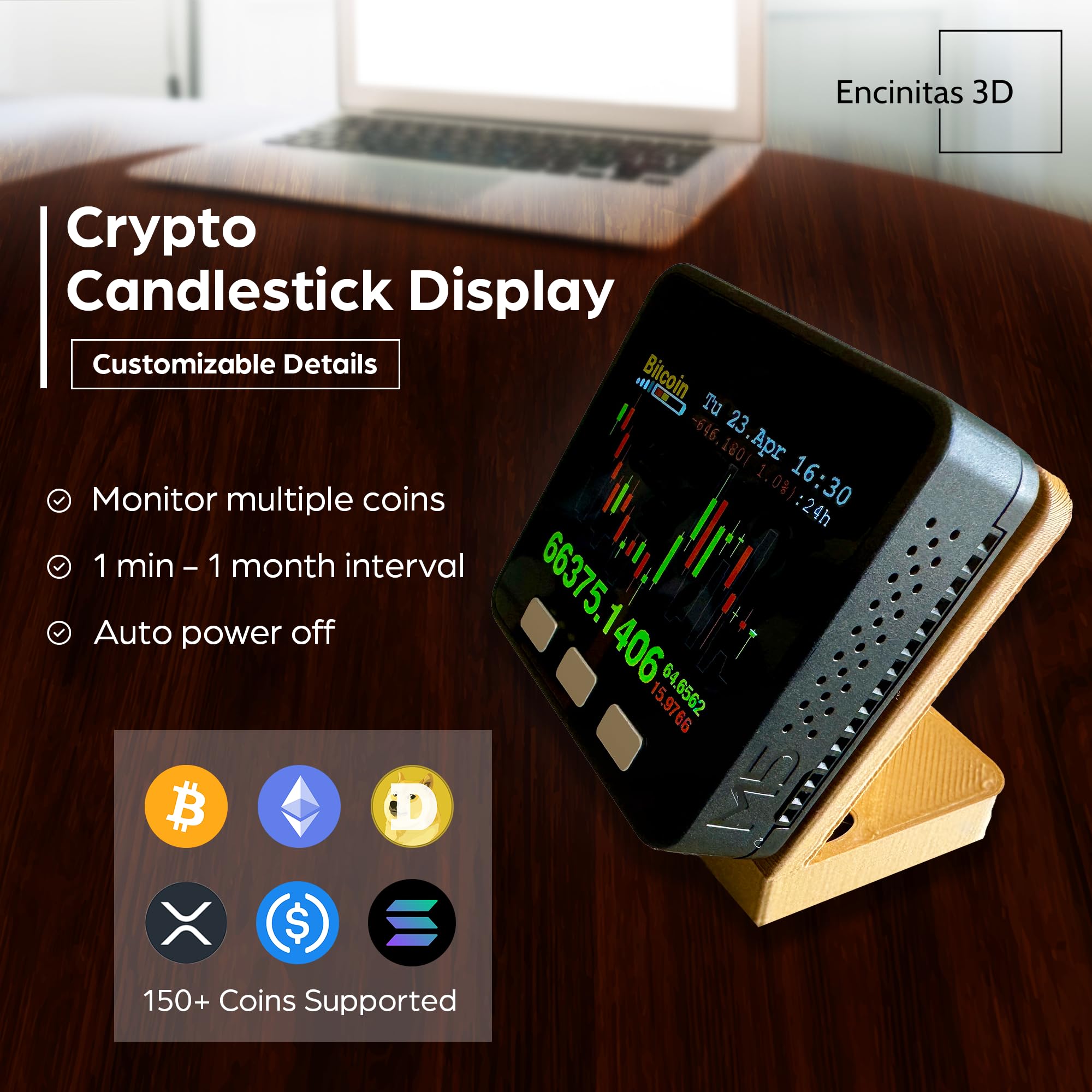 Bitcoin Price Tracker - Crypto Candlestick Display with Customizable LCD - Wooden Desk Gadget for BTC, ETH, DOGE, MATIC, XRP, HNT - Battery Powered - Perfect for Crypto Trading & Office Decor
