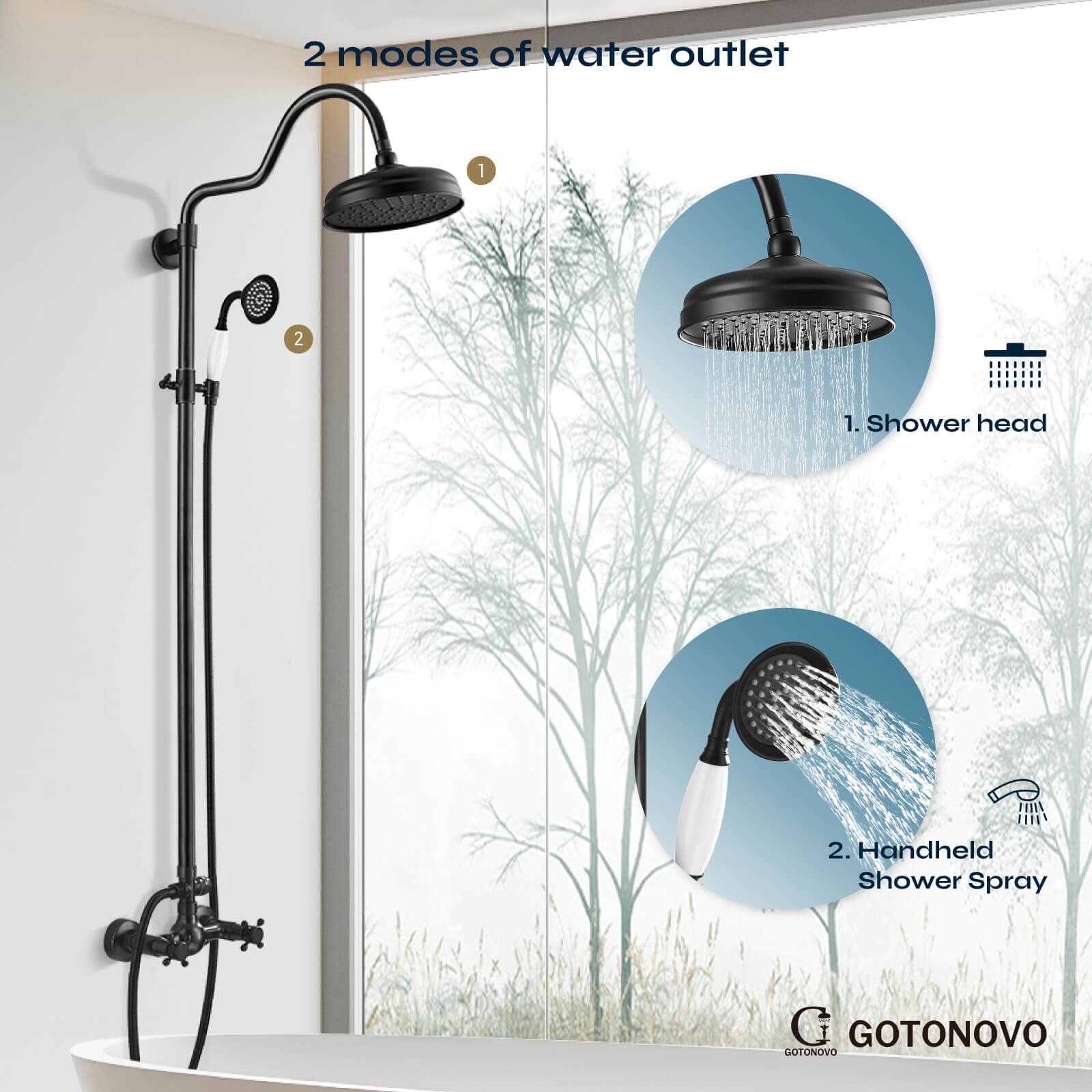 Gotonovo Luxury 8-Inch Wall Mount Exposed Shower System - Oil Rubbed Bronze Rainfall Shower Head with Handheld Spray & Cross Double Handle Faucet, Adjustable Arc Rod for Modern Bathroom Remodel | Perfect for Master Bath, Spa-Like Shower Experience