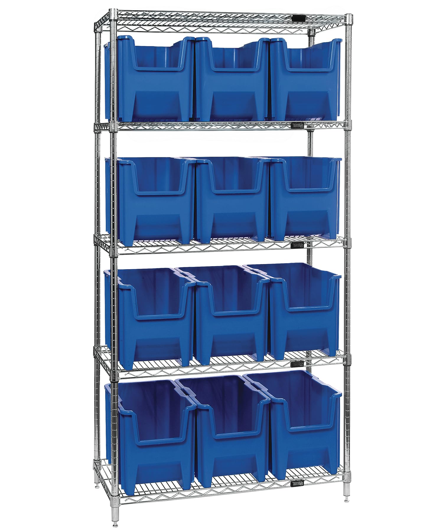 Quantum Storage Systems WR5-600BL 5-Tier Wire Shelving Unit with 12 Blue Giant Stack Bins - 18
