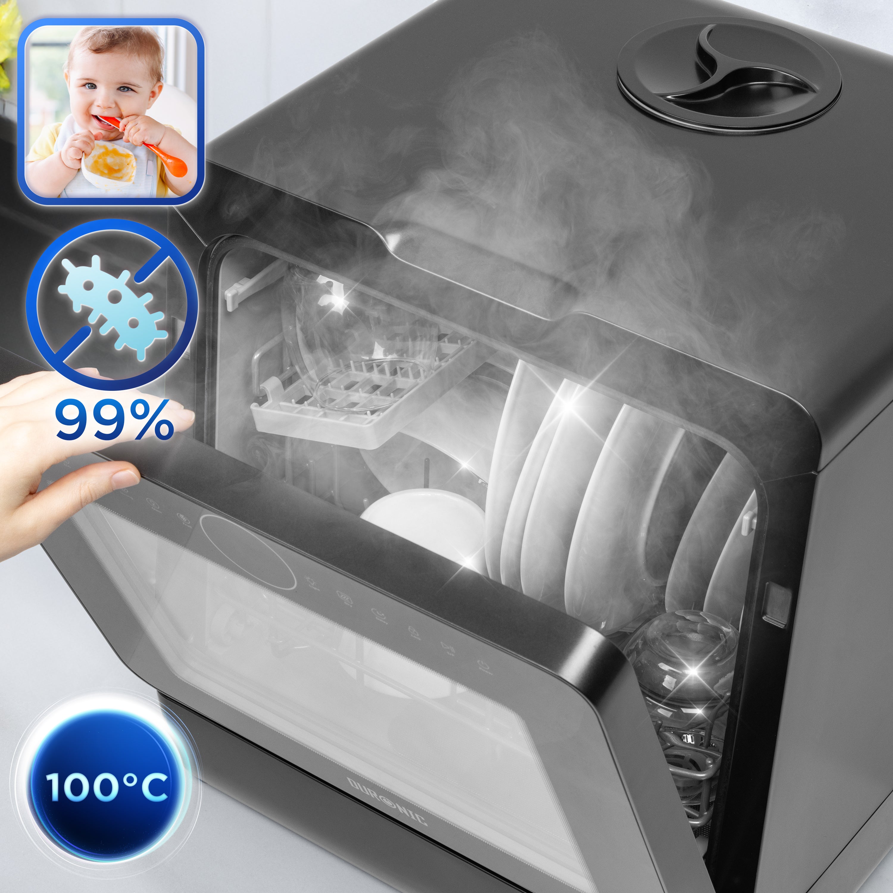 Duronic DW5 BK Compact Tabletop Dishwasher - 5L Capacity, 8 Wash Cycles, 950W Power for Quick & Eco Cleaning | Perfect for Small Kitchens, Apartments, RVs & Dorms (Black)