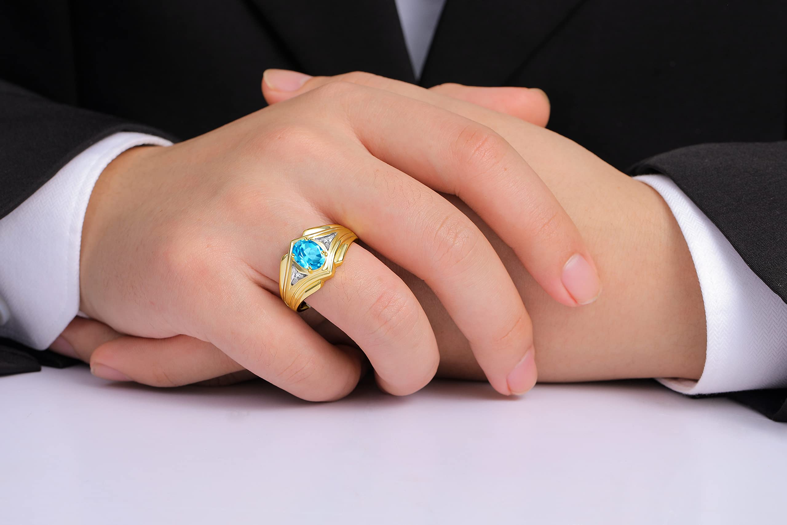 Men's Yellow Gold Plated Silver Ring with 9X7MM Oval Gemstone & Diamond - Classic Designer Birthstone Ring for Men Sizes 8-13 | Perfect for Weddings, Anniversaries & Special Occasions