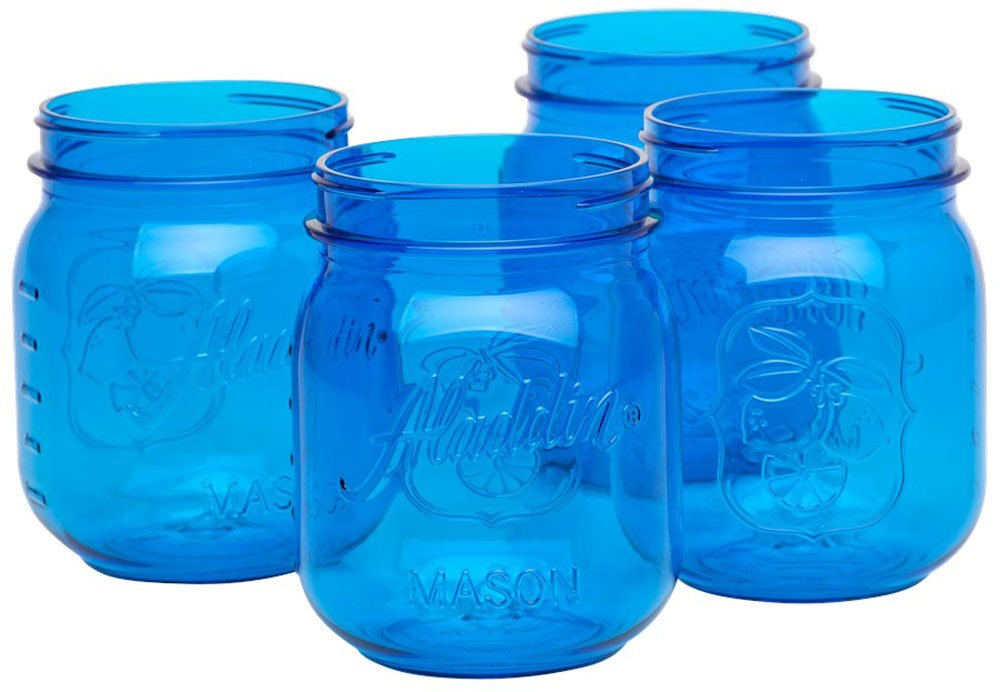 Aladdin Classic Mason Jars 16oz - Set of 4 Blue Glass Drinking Cups with Lids - Perfect for Iced Coffee, Smoothies, and Home Canning - BPA Free Reusable Containers