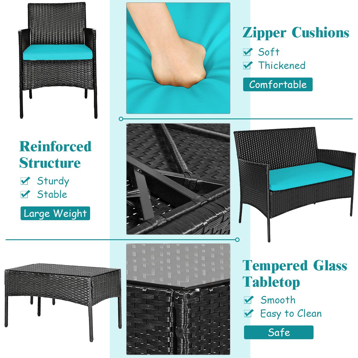 Tangkula 4-Piece Outdoor Patio Furniture Set - Wicker Conversation Set with Tempered Glass Coffee Table, Rattan Loveseat & Chairs with Cushions - Perfect for Backyard, Garden, Poolside, and Patio (Turquoise)