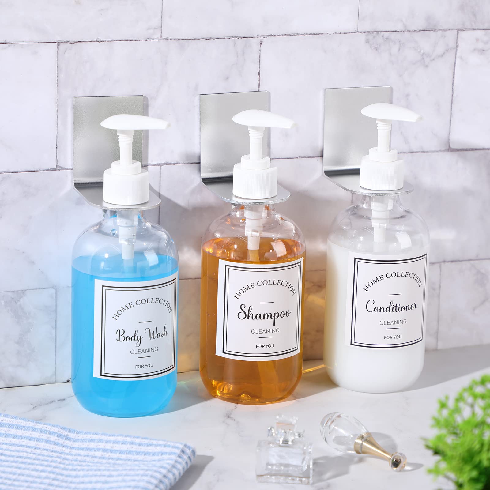 3-Chamber Refillable Shampoo Dispenser for Shower Wall - 17oz No-Drill Bathroom Organizer with 3 Hook Brackets & 6 Label Stickers (Silver) - Perfect for Bathroom, Spa, Gym Locker Room Organization
