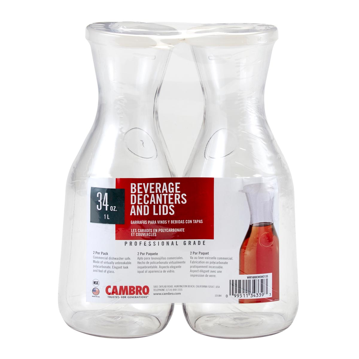 Cambro CamView Camliter 1 Liter Clear Beverage Decanters with Lids - Pack of 2 - Perfect for Restaurants, Cafes, and Home Kitchen Storage