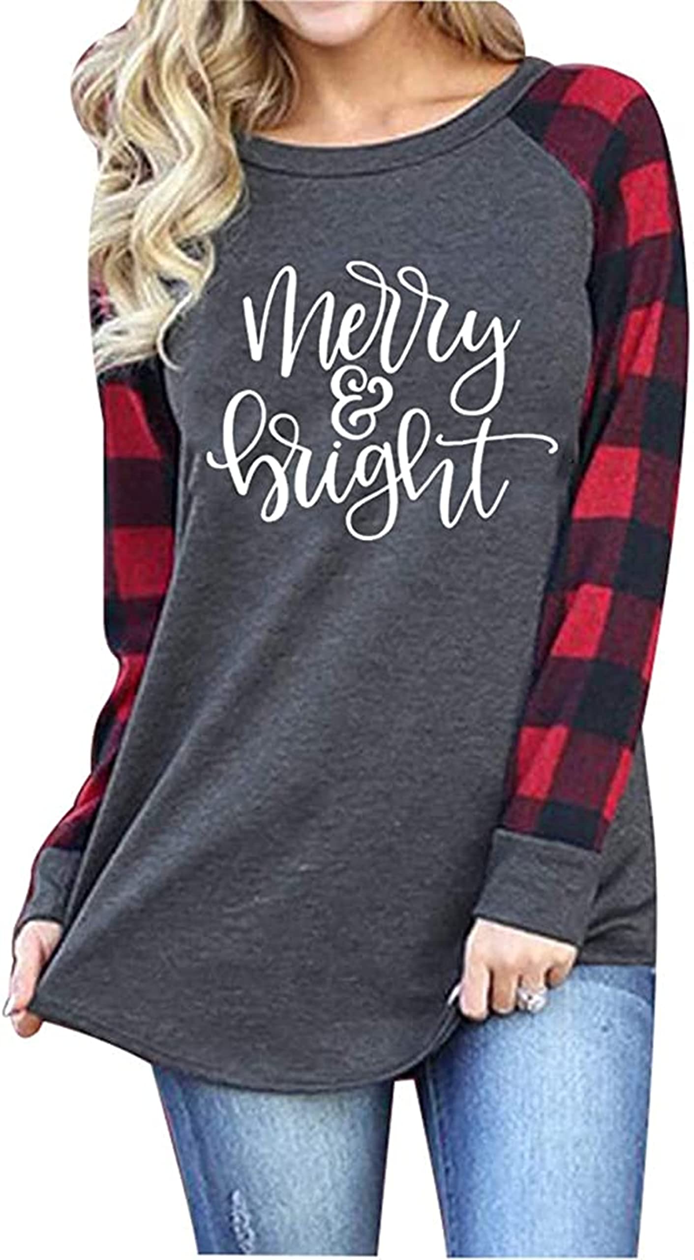 KNEYATTA Women's Merry and Bright Graphic Print Long Sleeve Christmas T-Shirt - Holiday Party, Family Gathering & Festive Outfit
