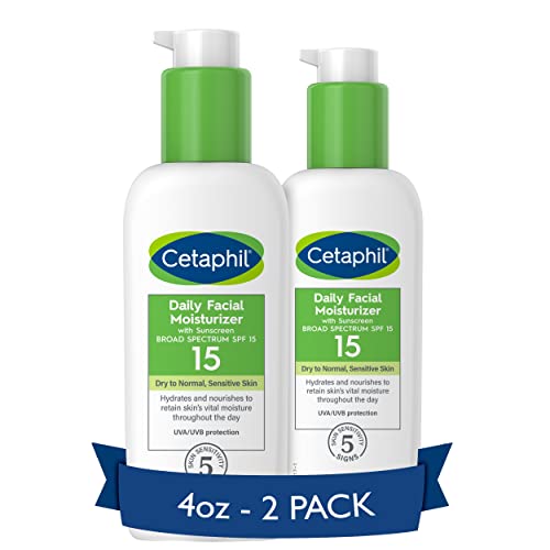CETAPHIL Daily Facial Moisturizer SPF 15 for Dry to Normal Skin - Fragrance-Free, 4 Fl Oz (Pack of 2) | Hydrating Face Lotion for Sensitive Skin, Day & Night Use, Under Makeup Application (Packaging May Vary)