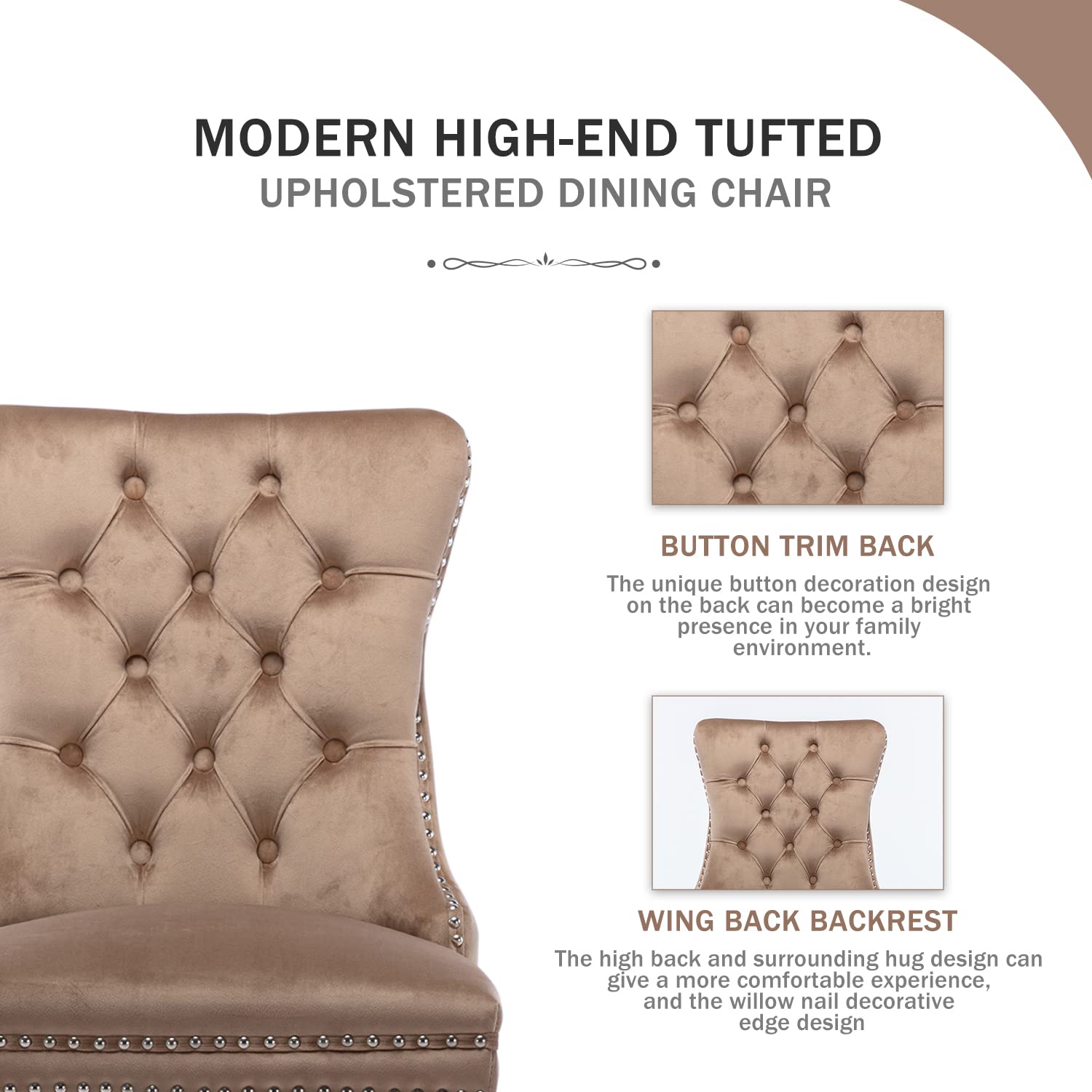 Kiztir Velvet Dining Chairs Set of 4 - Upholstered Tufted Accent Chairs with Ring Pull Trim & Button Back, Modern Luxury Dining Room Chairs for Kitchen, Living Room & Bedroom - Perfect for Home Decor & Dinner Parties (Khaki)