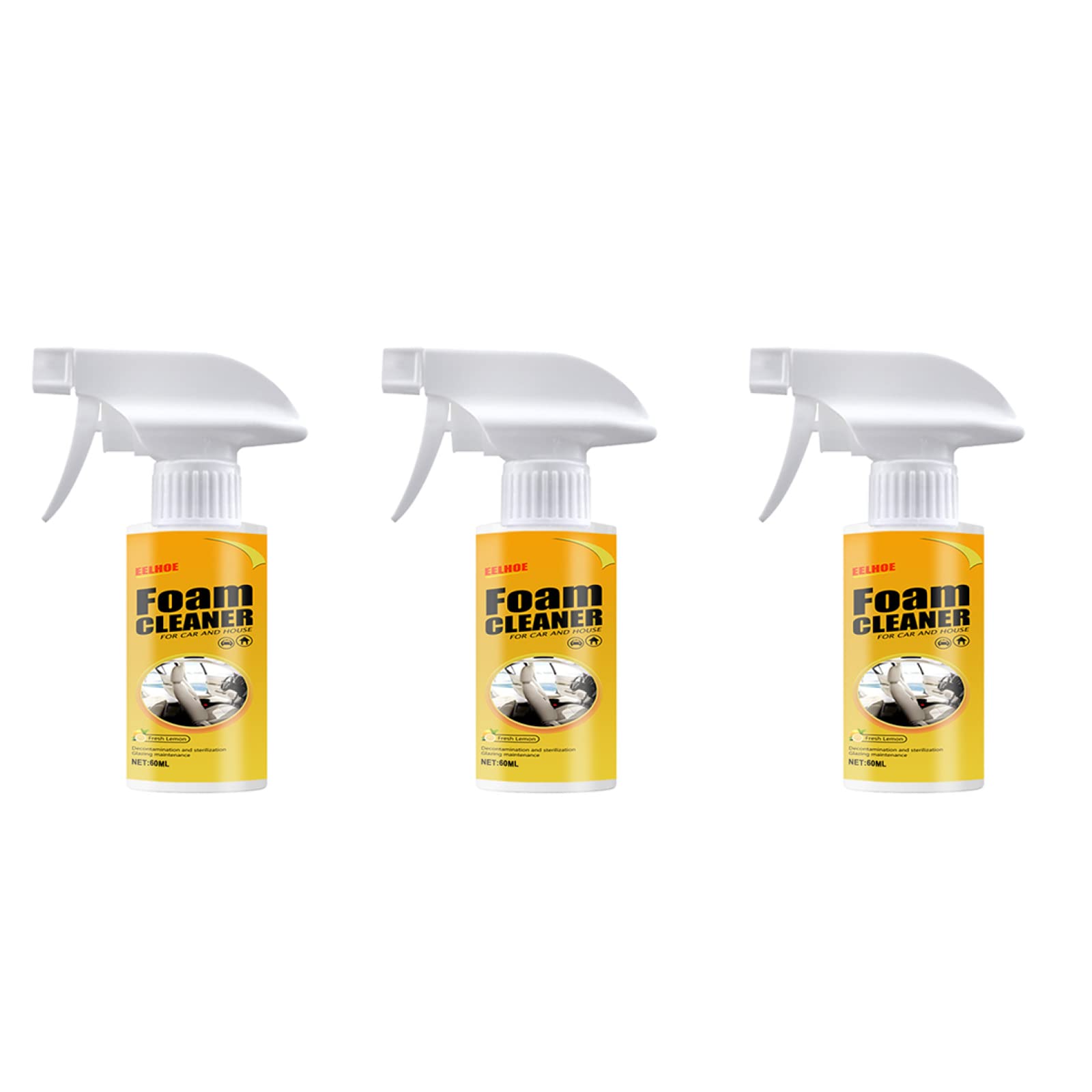 Multipurpose Foam Cleaner Spray - Lemon Scented Powerful Stain Remover for Car, Kitchen, Bathroom & Home (3-Pack, 60ml Each) | Ideal for Car Detailing, Kitchen Grease Removal & Bathroom Deep Cleaning
