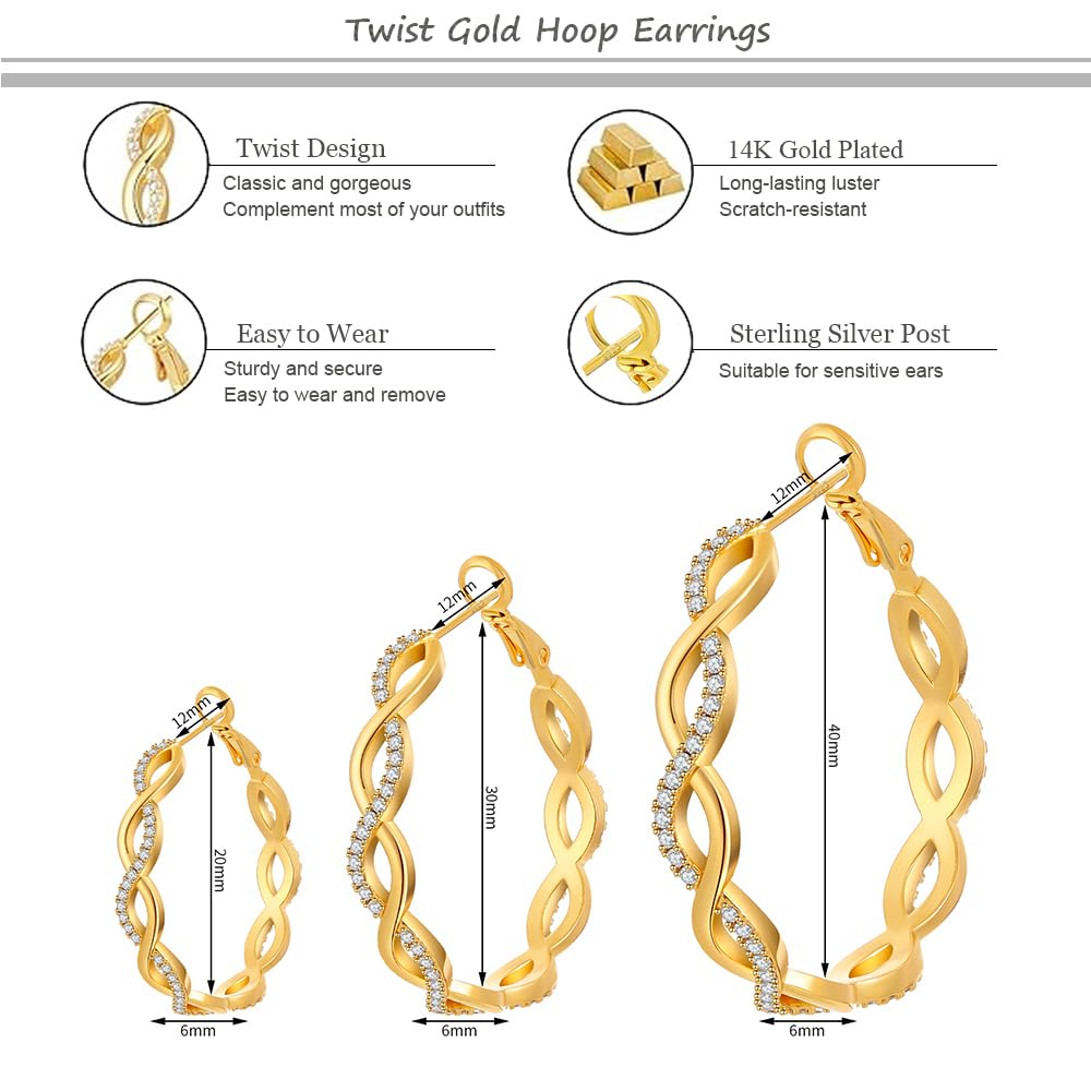 TOPBRIGHT 3 Pairs 925 Sterling Silver Hoop Earrings for Women - Lightweight Huggie Earrings, Twisted Hoops with Cubic Zirconia, Hypoallergenic Jewelry (20mm/30mm/40mm) - Perfect for Everyday Wear, Date Night & Gifts