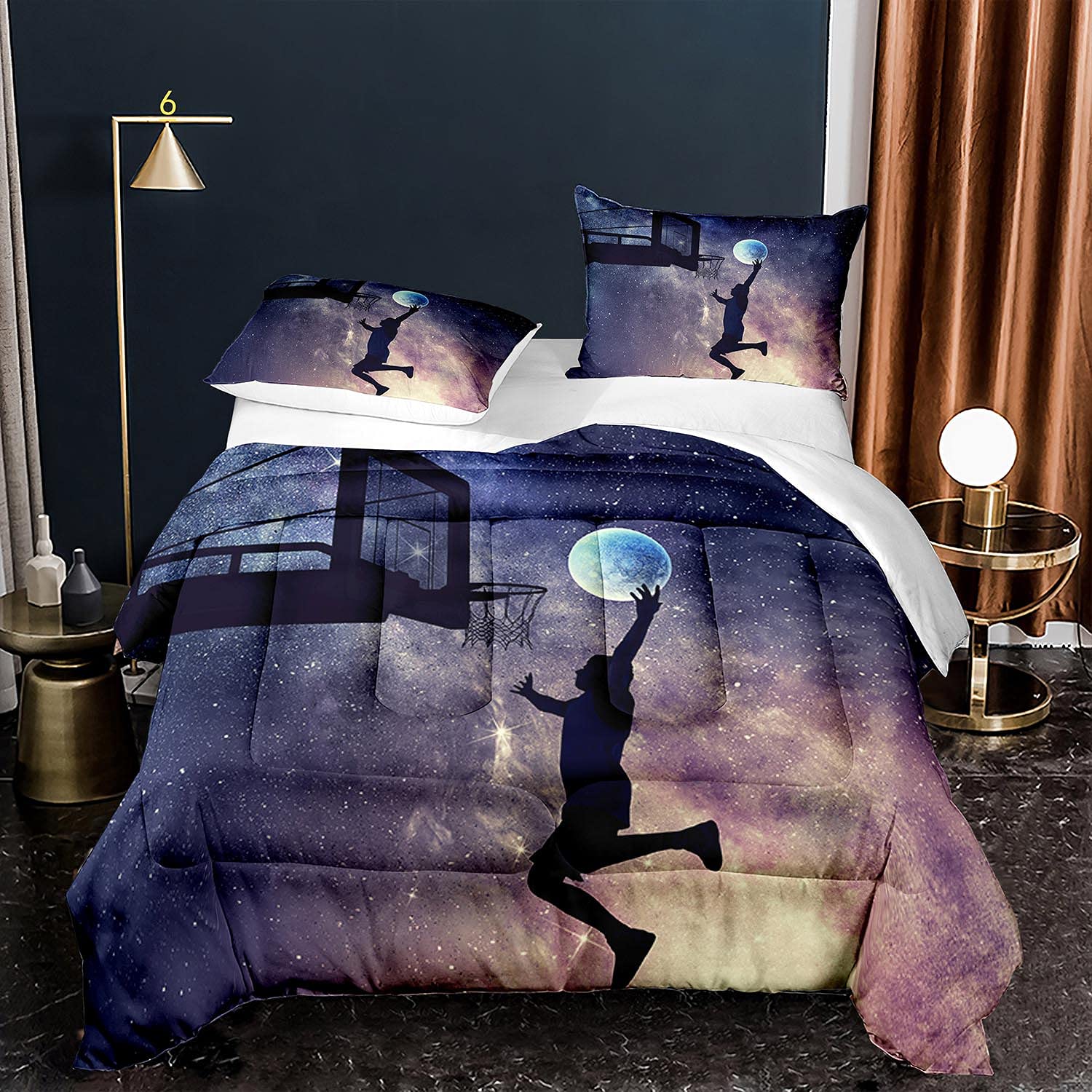 EDUMEYA Full Size Boys Basketball Player Bedding Set - Sports Theme Galaxy Print Comforter with 2 Pillowcases - Perfect for Kids' Room Decor & Basketball Fans