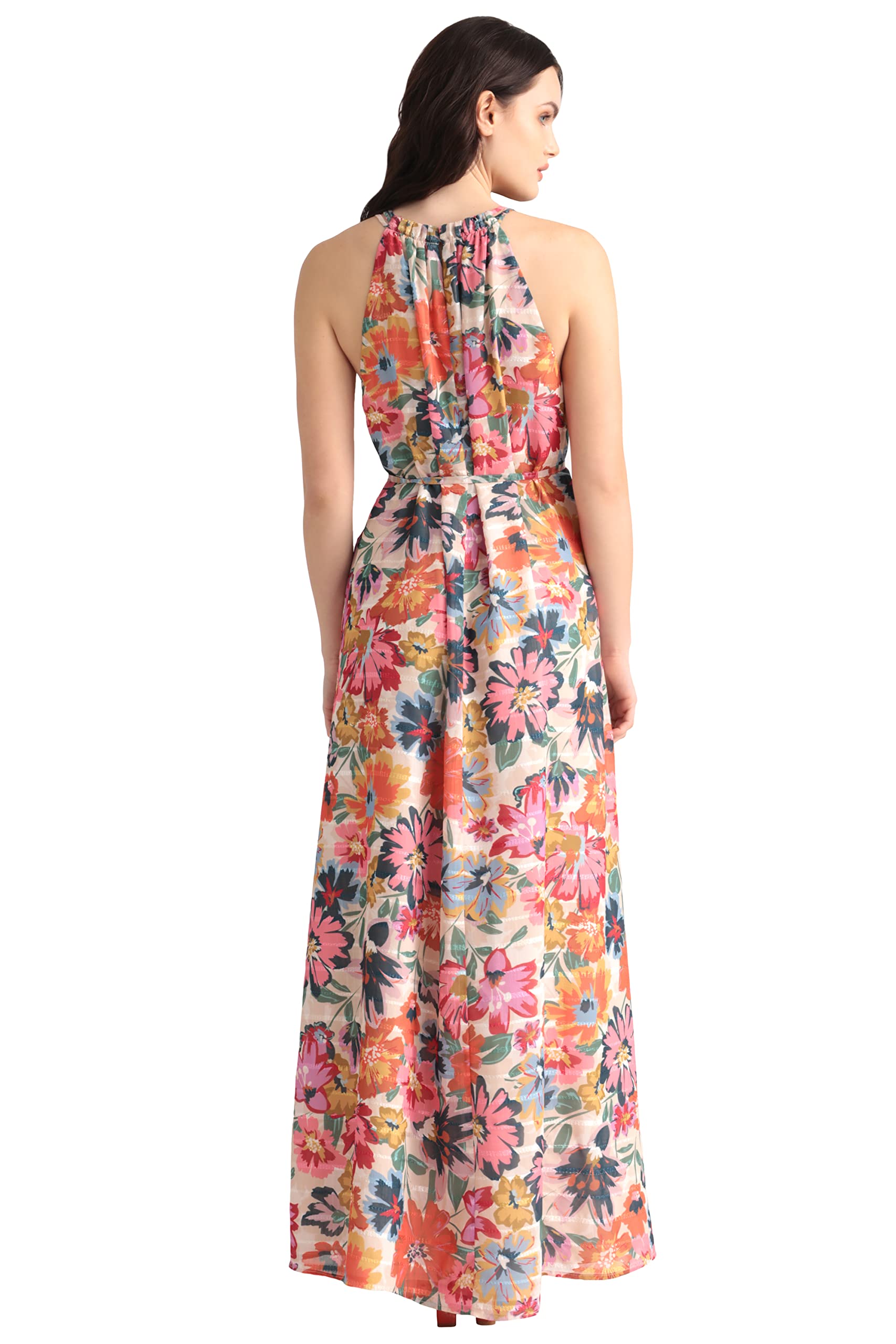 Maggy London Floral Halter Maxi Dress with Waist Tie for Summer Beach