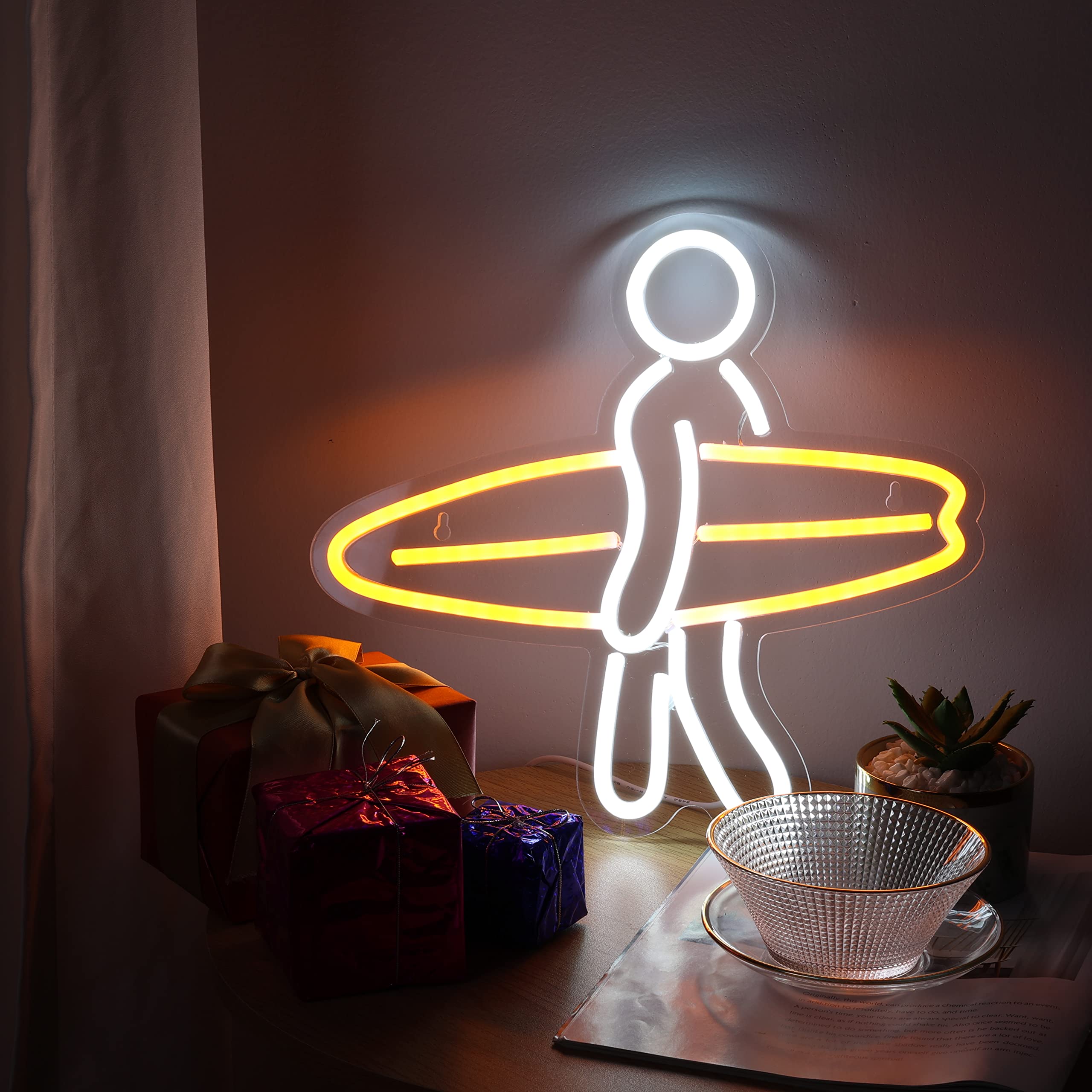 Surfer Neon Sign - Aesthetic Dimmable LED Wall Decor for Bedroom, Anime Room & Game Room - 13x12 Inches Orange Neon Light - Perfect for Teen Room, Dorm Decor & Man Cave Lighting