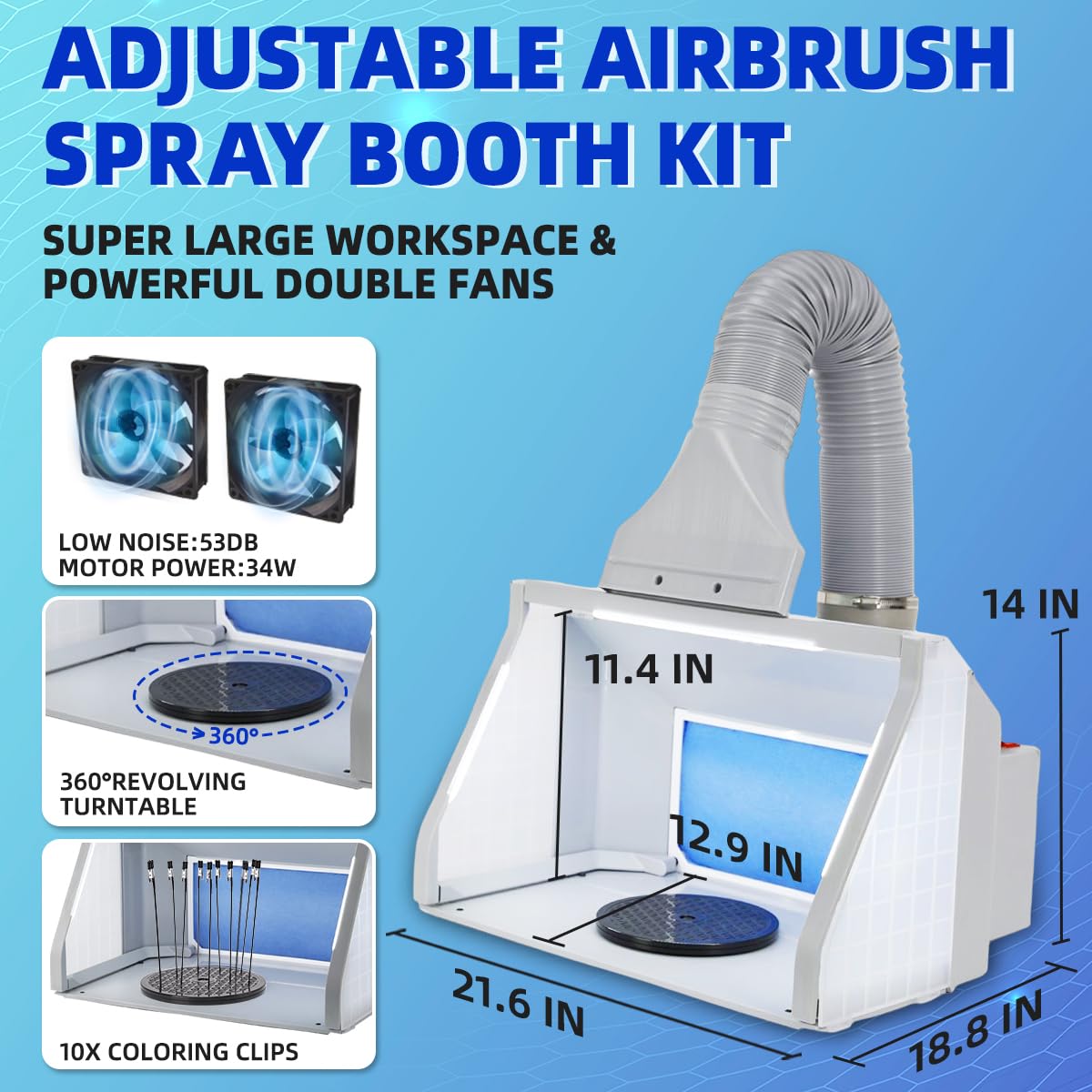 OPHIR Dual Fans Airbrush Spray Booth Kit with Adjustable Airflow & 3 LED Lights - Includes White Photography Paper, 10 Coloring Clips & 30 Speed Shape Vinyl Decals - Perfect for Hobby, Model Car Painting & Craft Projects - Ideal for Artists, DIY Enthusiasts & Airbrush Professionals
