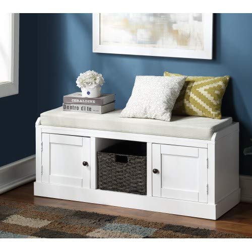 Rustic Wooden Storage Bench with Removable Cushion & Basket - 2 Cabinets Shoe Bench for Entryway, Hallway & Living Room - White Home Organization Furniture for Shoes, Blankets & Seasonal Decor