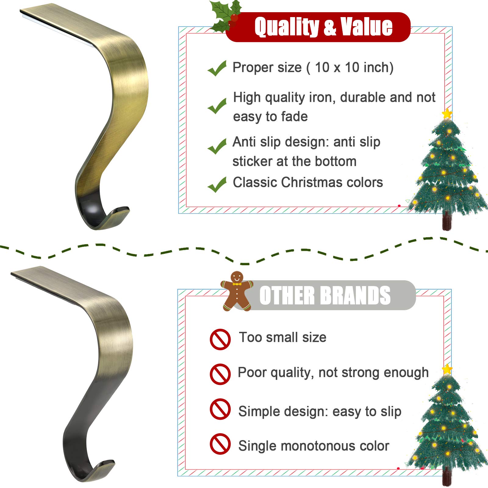 6 Pcs Heavy Duty Christmas Stocking Holders for Mantel - Non-Slip Fireplace Sock Hooks Set, Bronze Xmas Stocking Hangers for Holiday Home Decor - Perfect for Christmas Party, Fireplace Mantel Decorations & Festive Gift Hanging