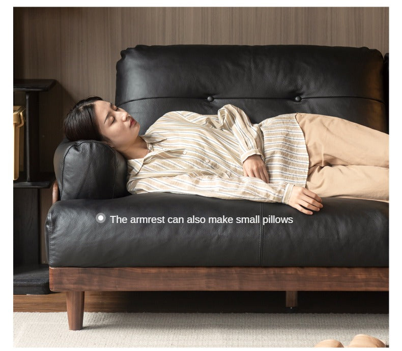 Premium Black Walnut Solid Wood Sofa - Genuine Leather & Fabric Upholstery, Modern Living Room Furniture for Home & Office Comfort