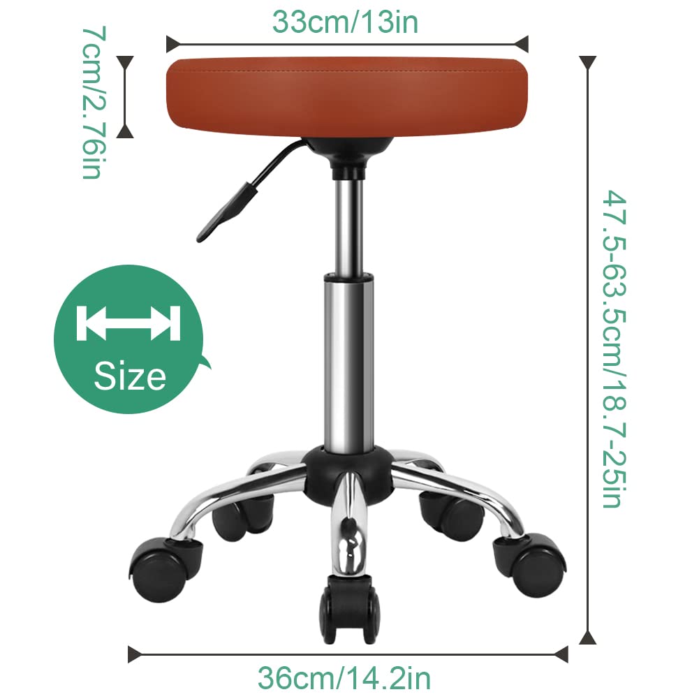 FURWOO Adjustable Salon Chair with Wheels - Rolling Stool for Spa, Massage, Salon, Home & Office Use - Comfortable Brown Stool for Hairdressing, Makeup, Tattoo & Pedicure