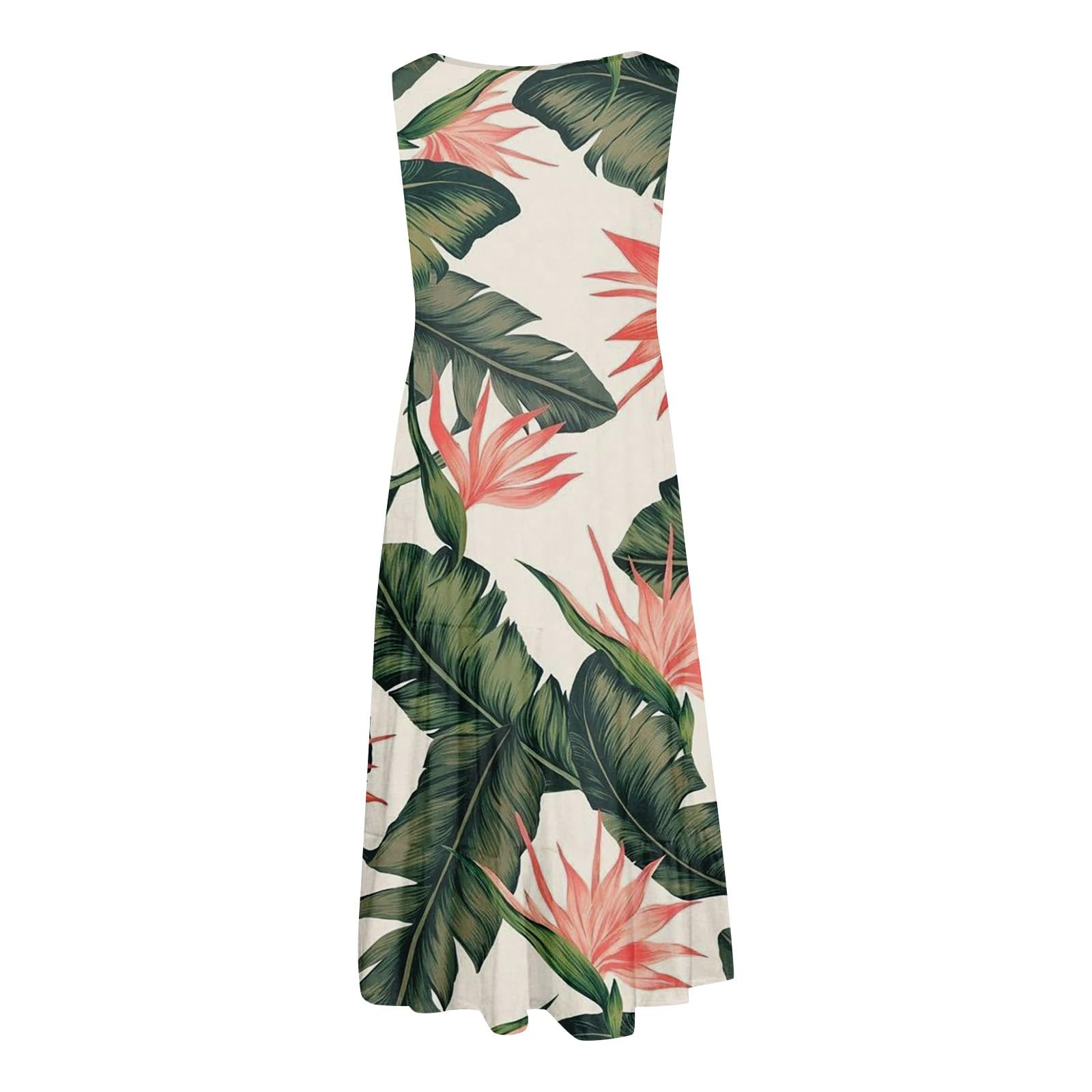 Women's Flowy Hawaiian Print Sleeveless Summer Dresses - Casual Crewneck Tank Dress with Pockets for Beach Vacation, Luau Party & Outdoor Activities