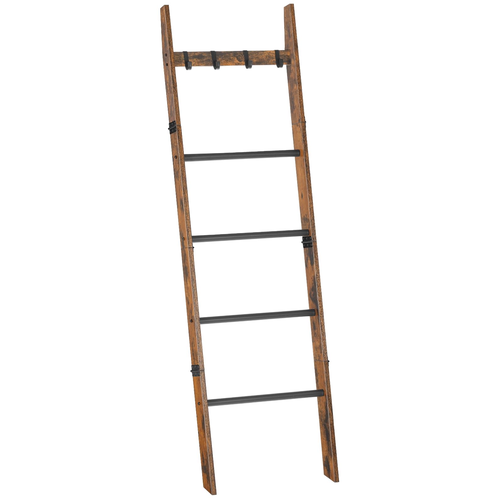 HOOBRO 5.2FT Blanket Ladder with Hooks - Rustic Brown & Black 5-Tier Wall Leaning Towel Rack, Farmhouse Decorative Blanket Shelf for Living Room, Bedroom - Perfect for Organizing Throws, Towels & Scarves