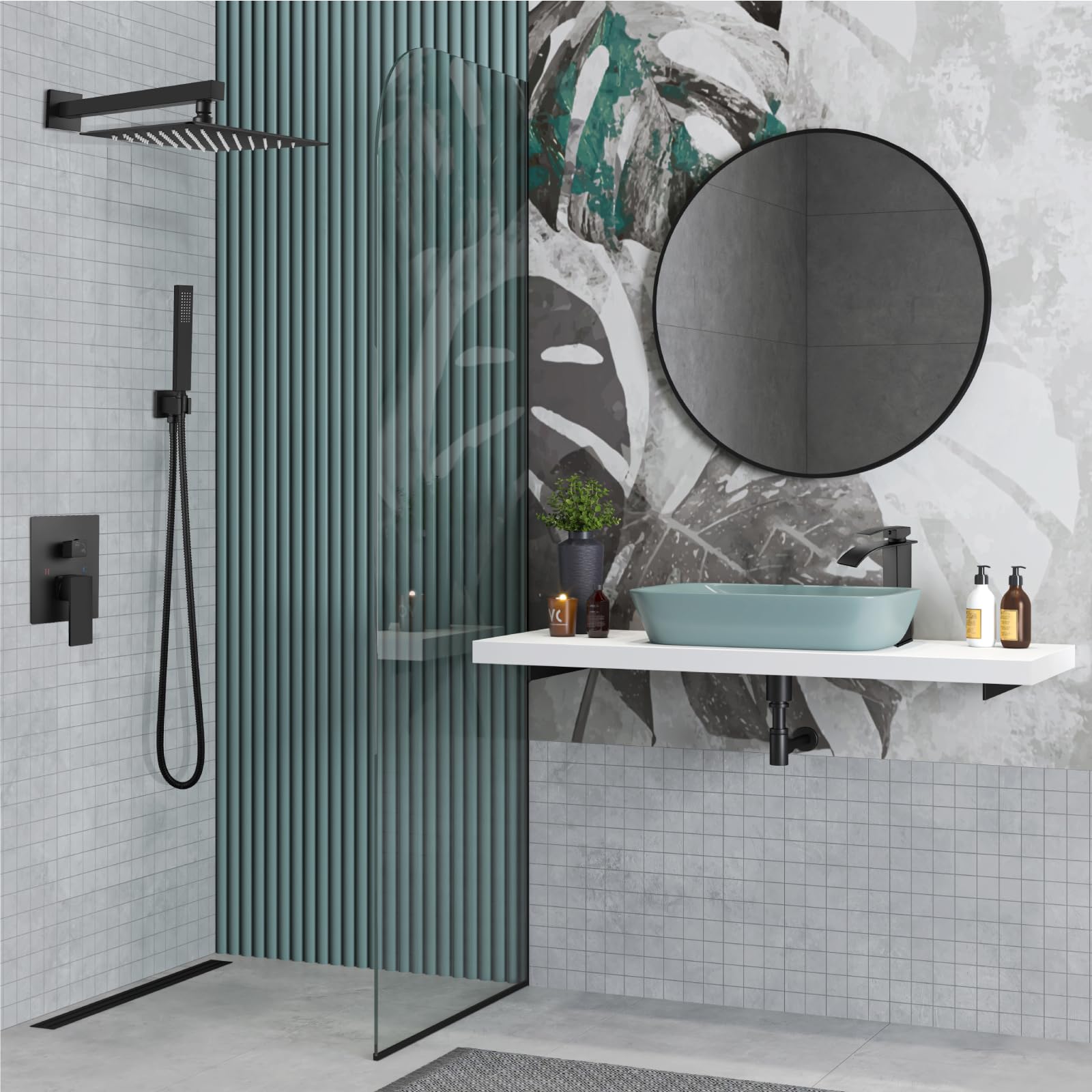 Midanya 10 Inch Square Rainfall Shower System - Matte Black Wall Mount Shower Head with Hand Sprayer, Rough-in Valve & Bathroom Mixer Trim Kit - Perfect for Modern Luxury Bathrooms and Spa-Like Shower Experience