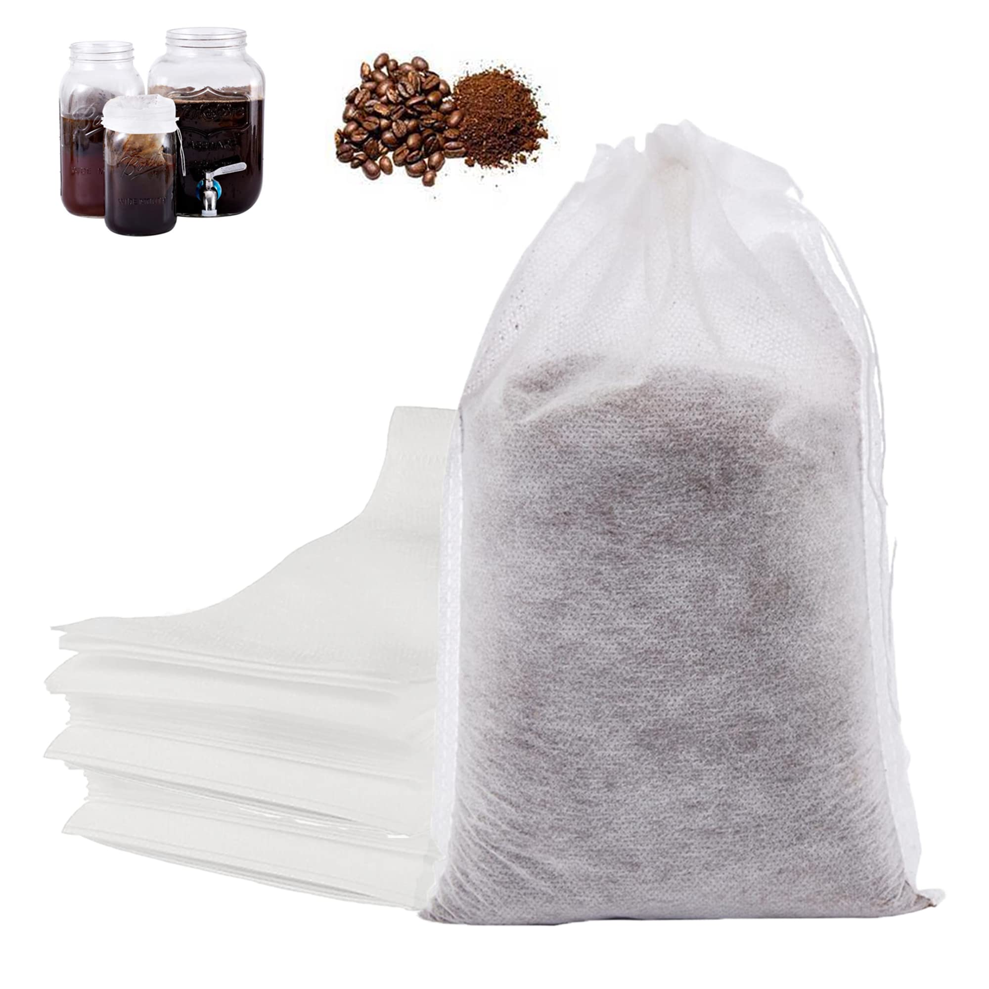 60PCS Disposable Cold Brew Coffee Bags 6”x 10” - Fine Mesh French Press Filters with Drawstring for Iced Coffee & Hot Tea - Perfect for Mason Jars, Pitchers & Travel Mugs - No Mess Brewing at Home or Office