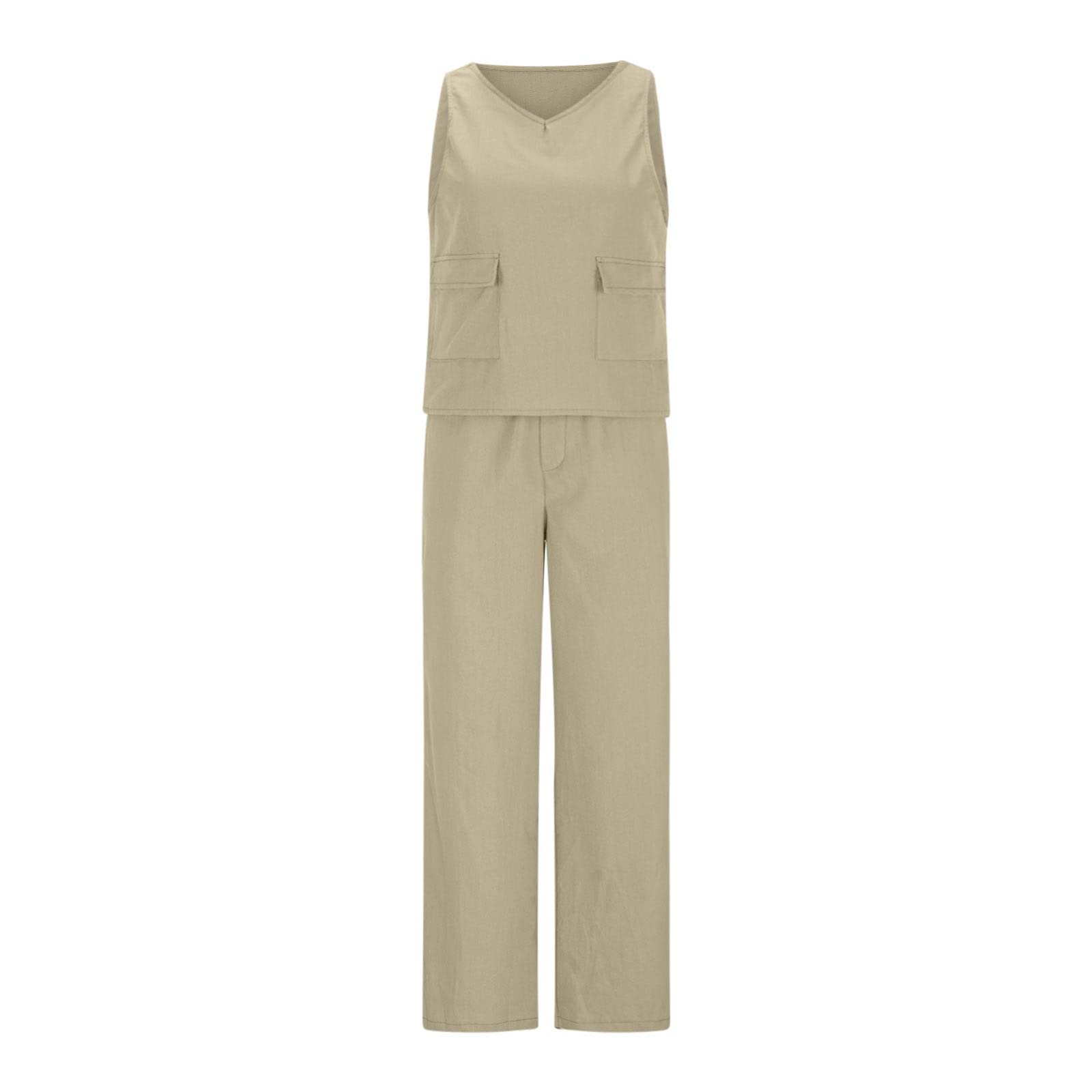 Women's 2 Piece Lounge Set - Sleeveless Cotton Linen Tank Top & Wide Leg Pants Matching Outfit | Soft Summer Casual Wear for Home, Yoga & Beach Vacation