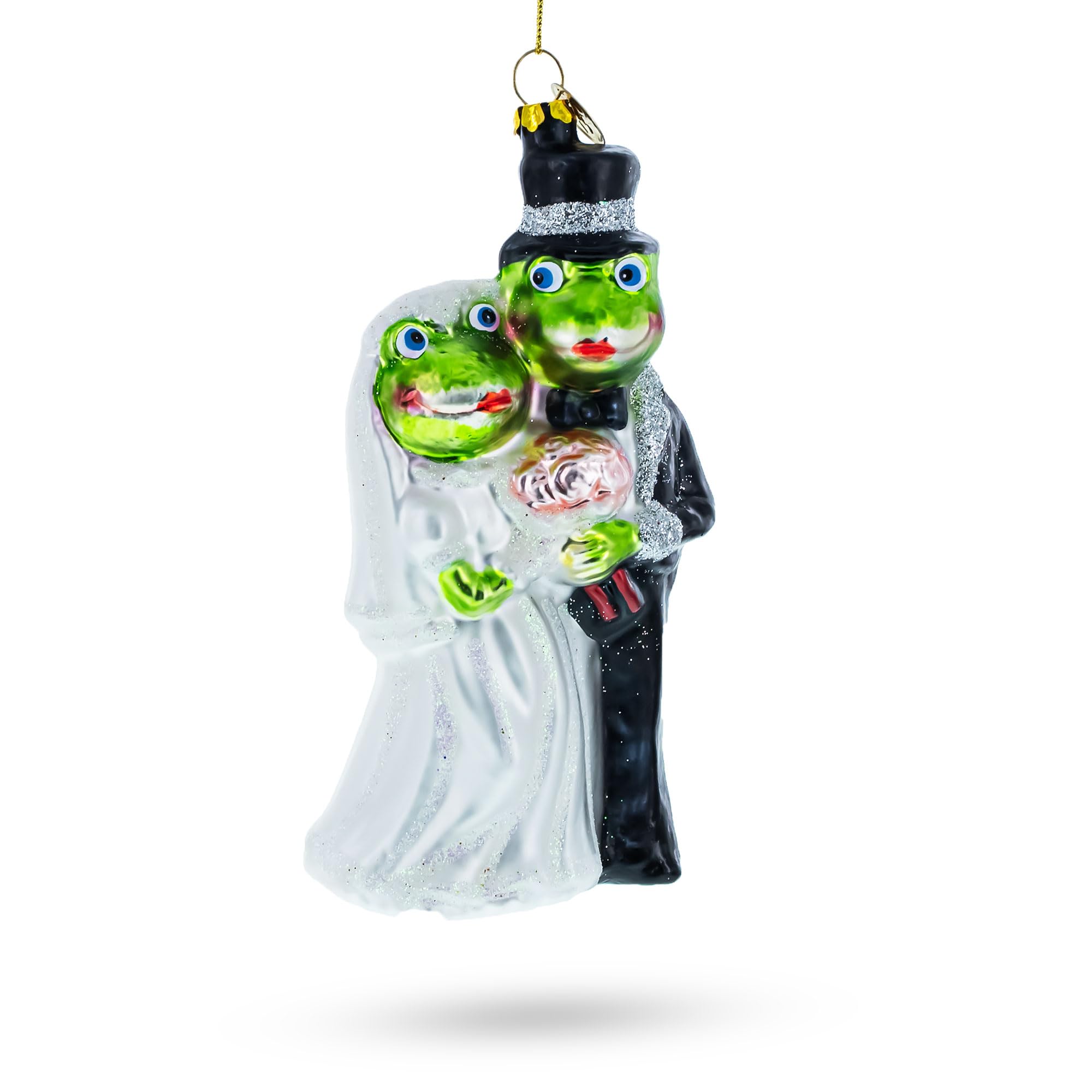 Enchanting Frog Bride and Groom Glass Christmas Ornament - Handmade Holiday Decoration for Tree, Gift, and Winter Wedding Decor